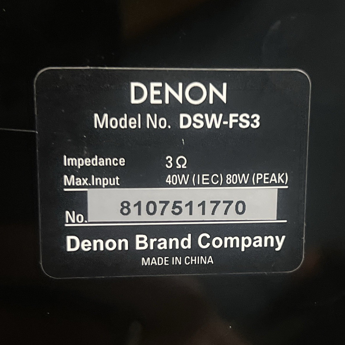 Denon DSW-FS3 Wired Subwoofer 40W RMS 3 Ohm Black Rectangular