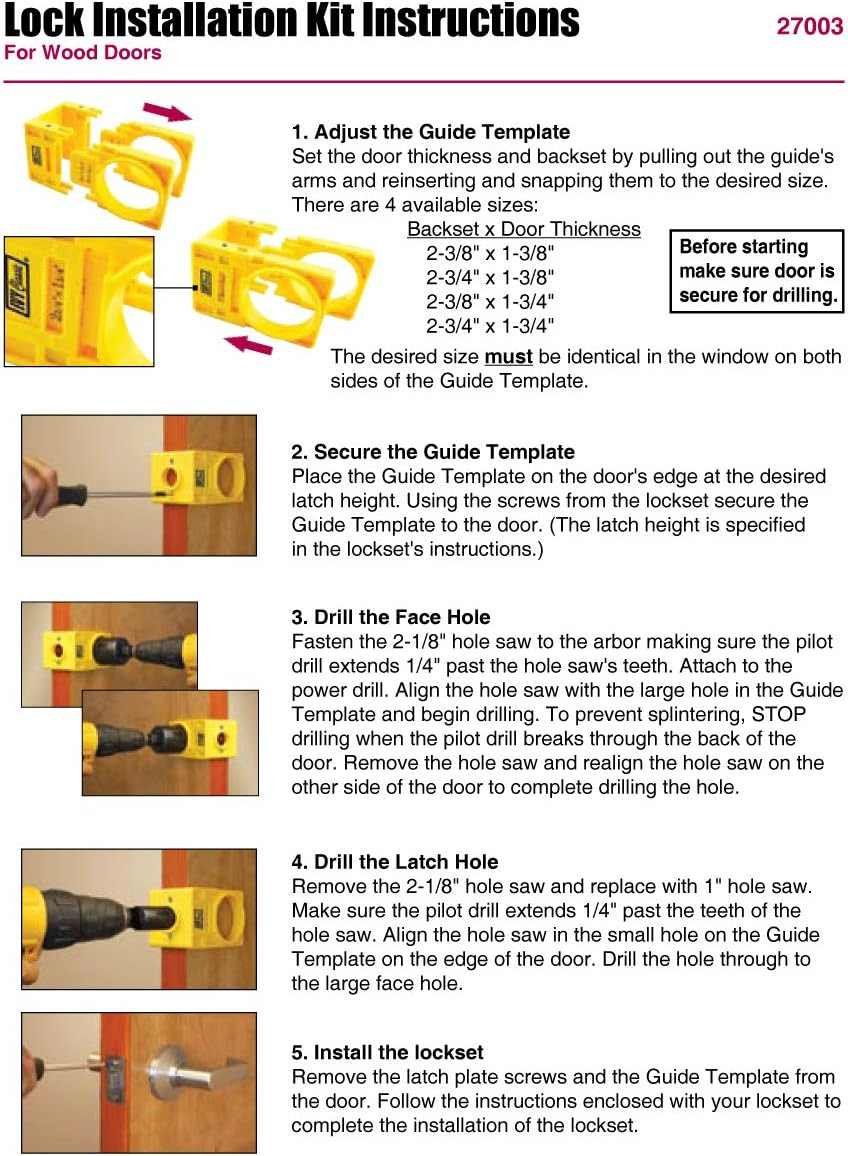 27003 Carbon-Steel Lock Installation Kit with Guide Template for Wood Doors, ...