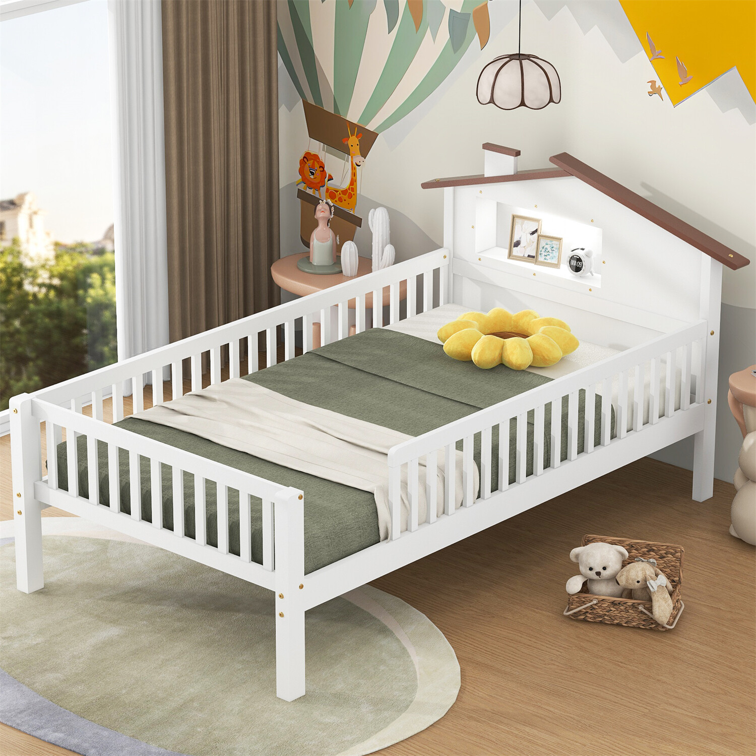 Twin/Full Size Bed Frame Wood Platform Bed with Storage Headboard White/Natural