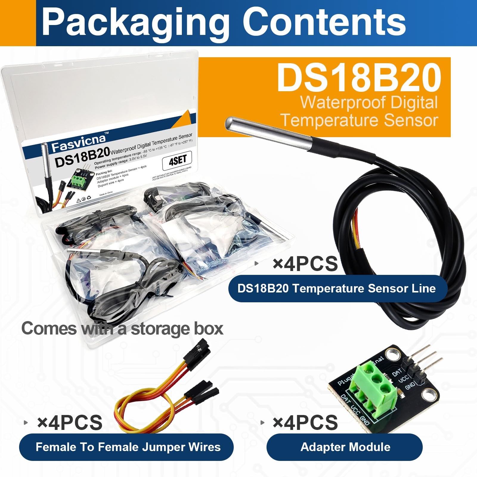 DS18B20 Digital Waterproof Temperature Sensor Probes Plugin Adapter 4Pack