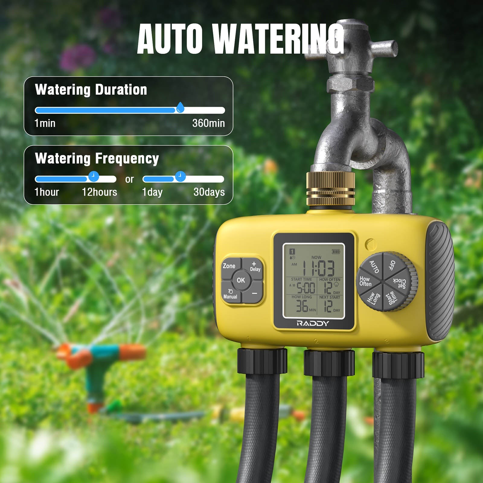 Raddy WS-8 3-Zone Sprinkler Timer: Large LCD, IPX5 Waterproof & Rain Delay