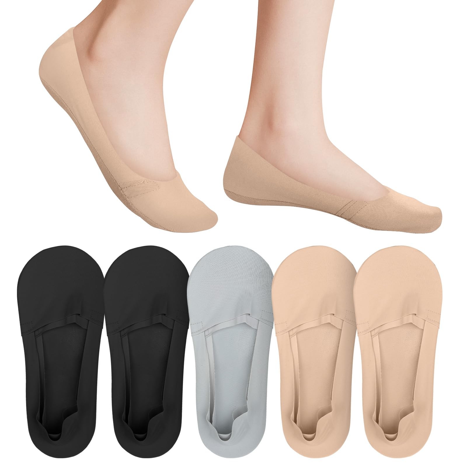 5 Pack Invisible Socks for Women Non Slip Low Cut Invisible Liner Footies Thi...