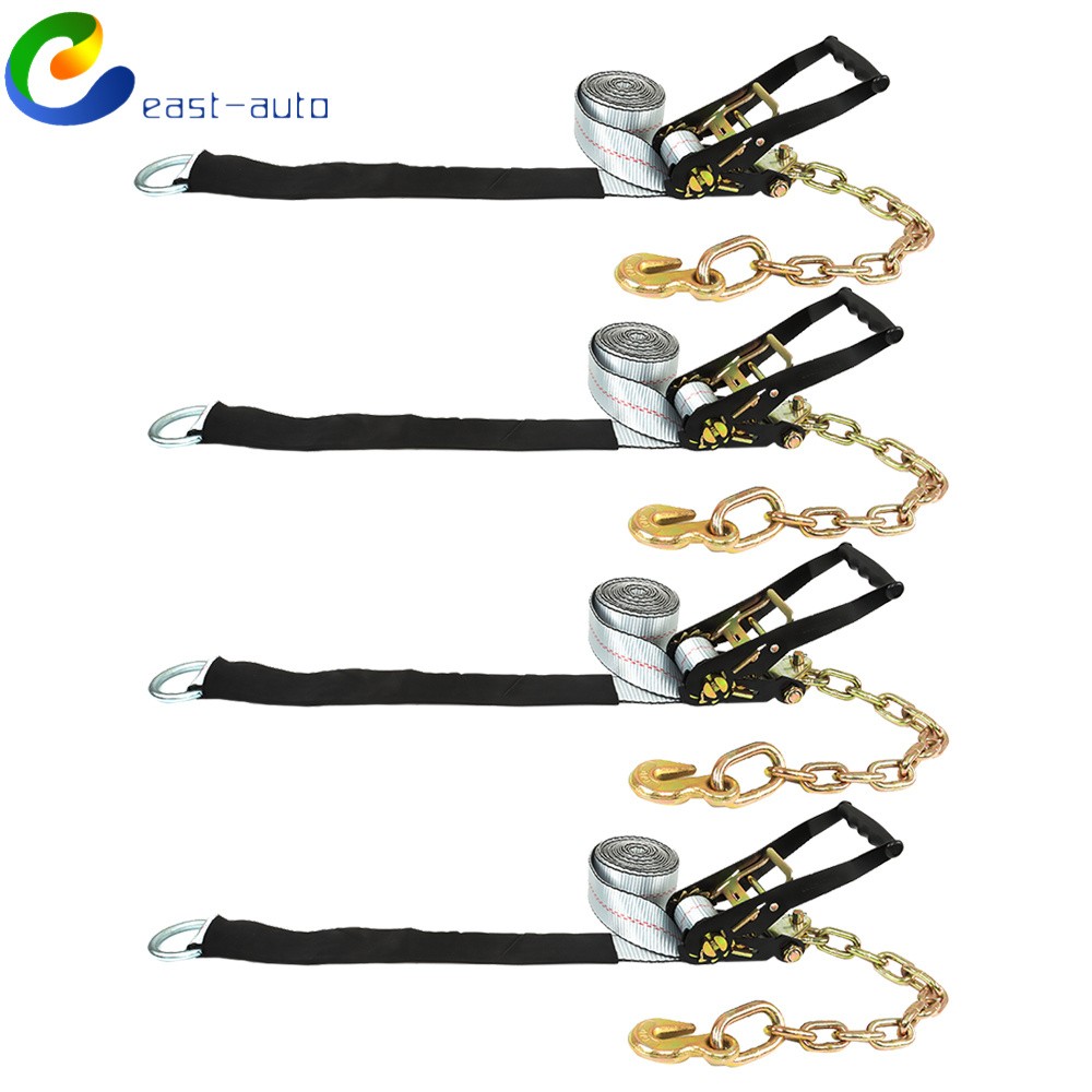 Cable Style Car Tie Down with Chain Anchors 2" × 96" 4 Pieces Silver 3300 Pound