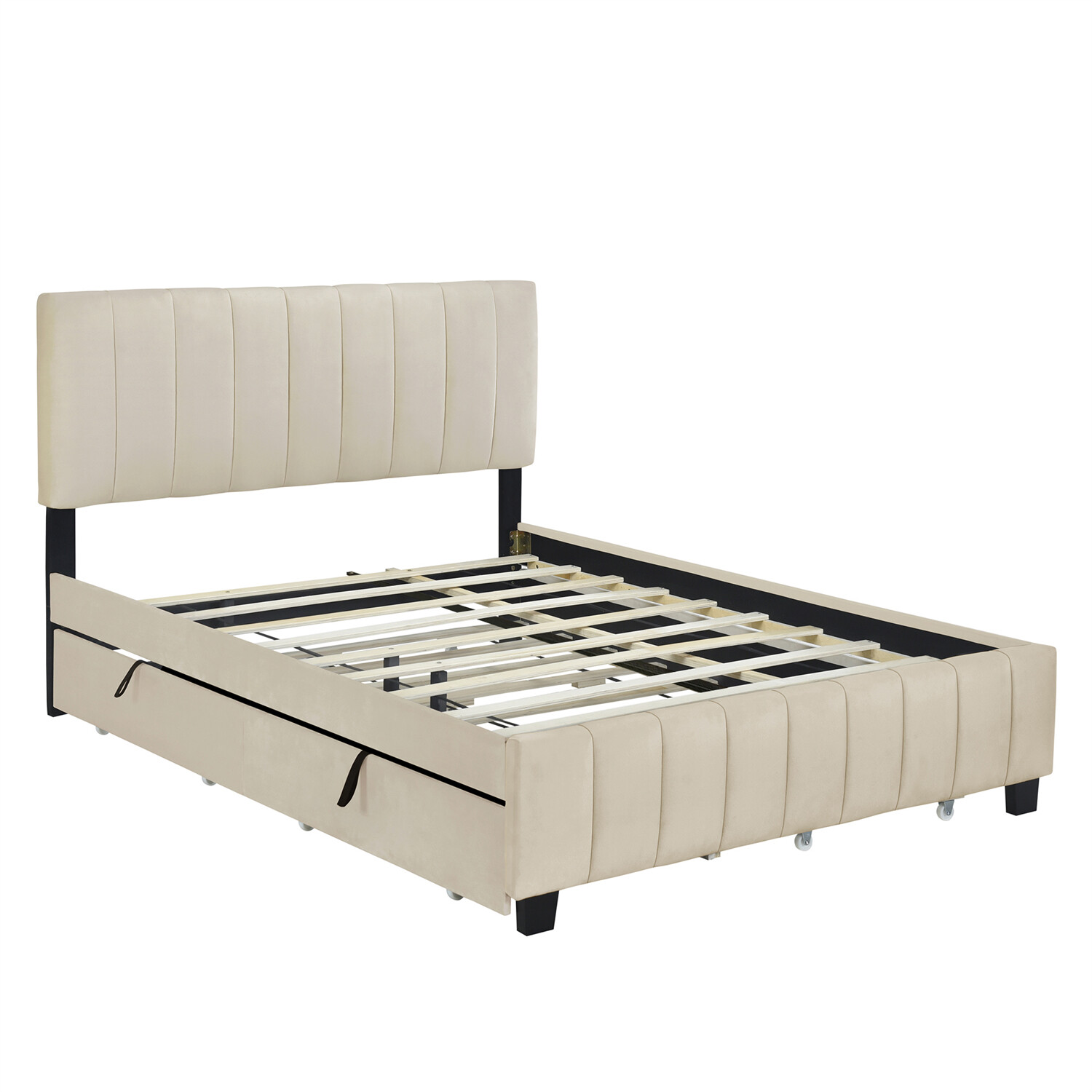 Queen Size Bed Frame Velvet Upholstered Platform Bed with 2 Drawers & Trundle