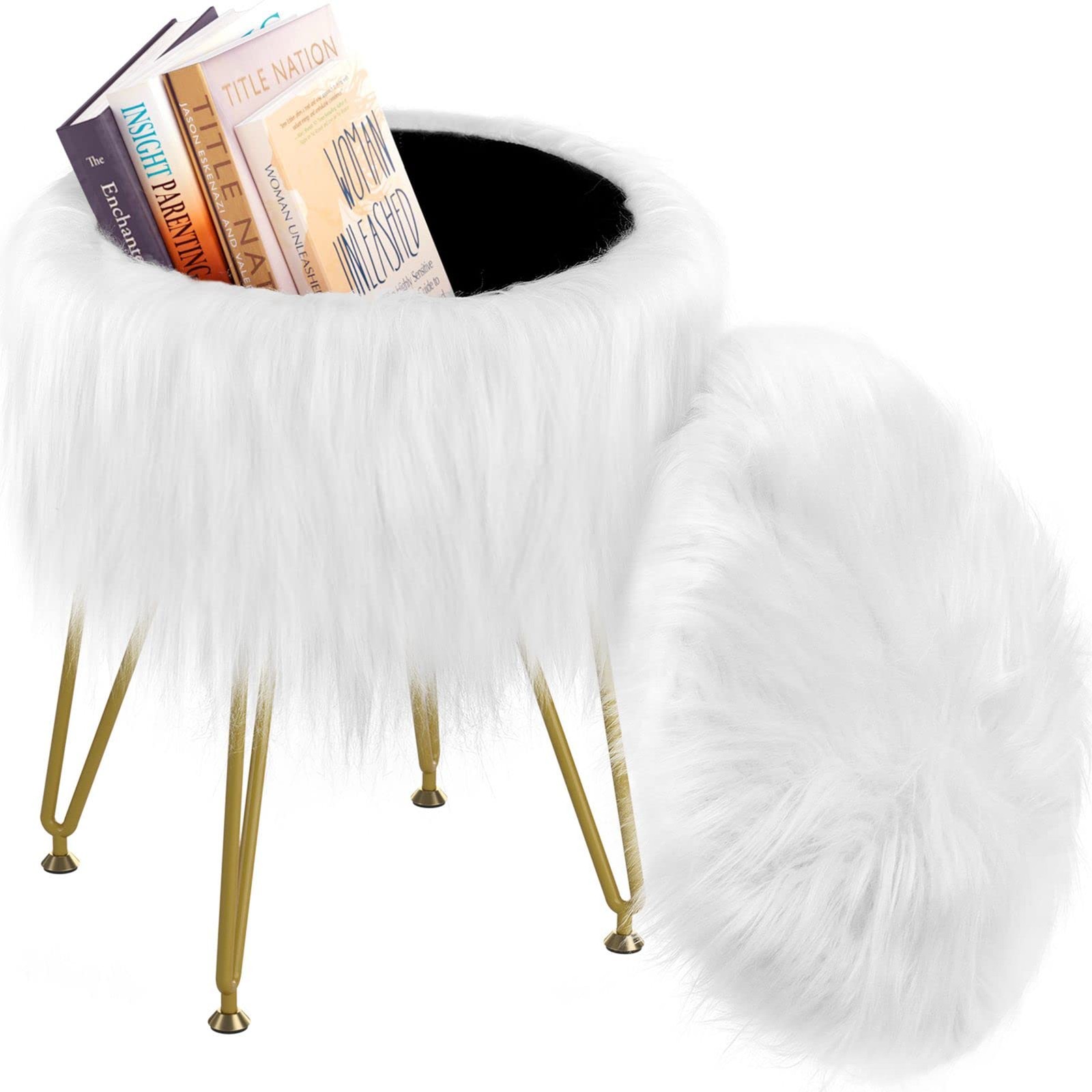 Vanity Stool Chair with Storage, Faux Fur Makeup Room Seat Stool, Soft Padded...