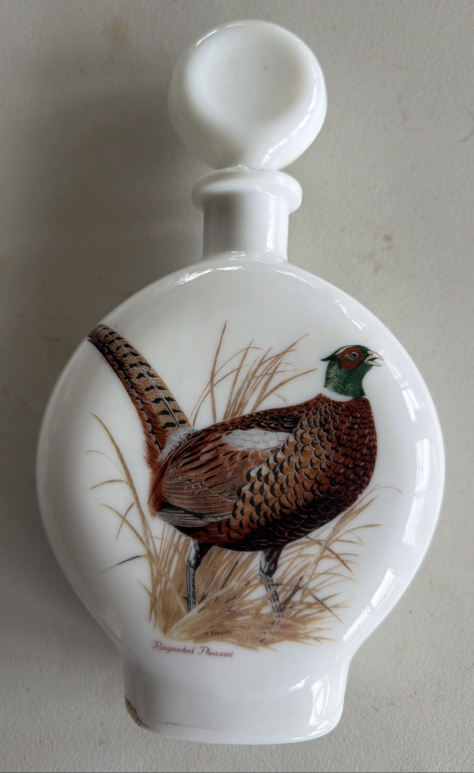 Vintage  Arthur Singer White Milk Glass Whiskey Decanter Ringneck Pheasant 1969