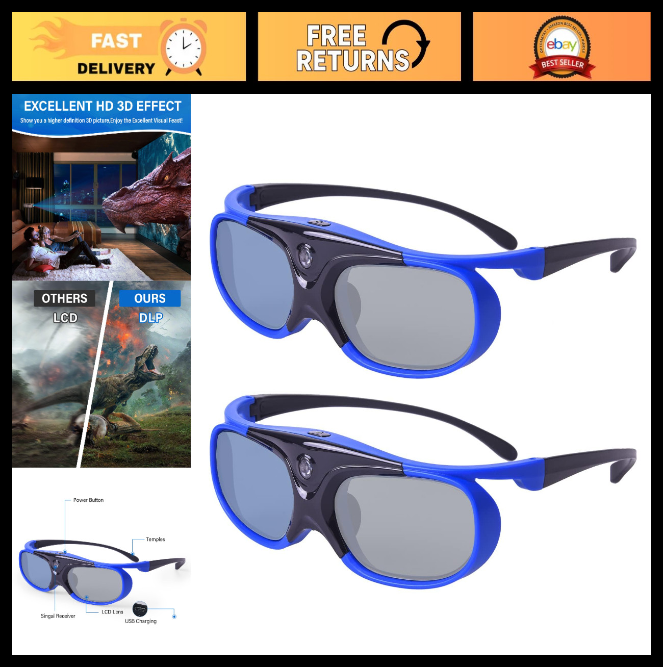 Rechargeable Active Shutter 3D Glasses for DLP Projectors - Pack of 2, Blue