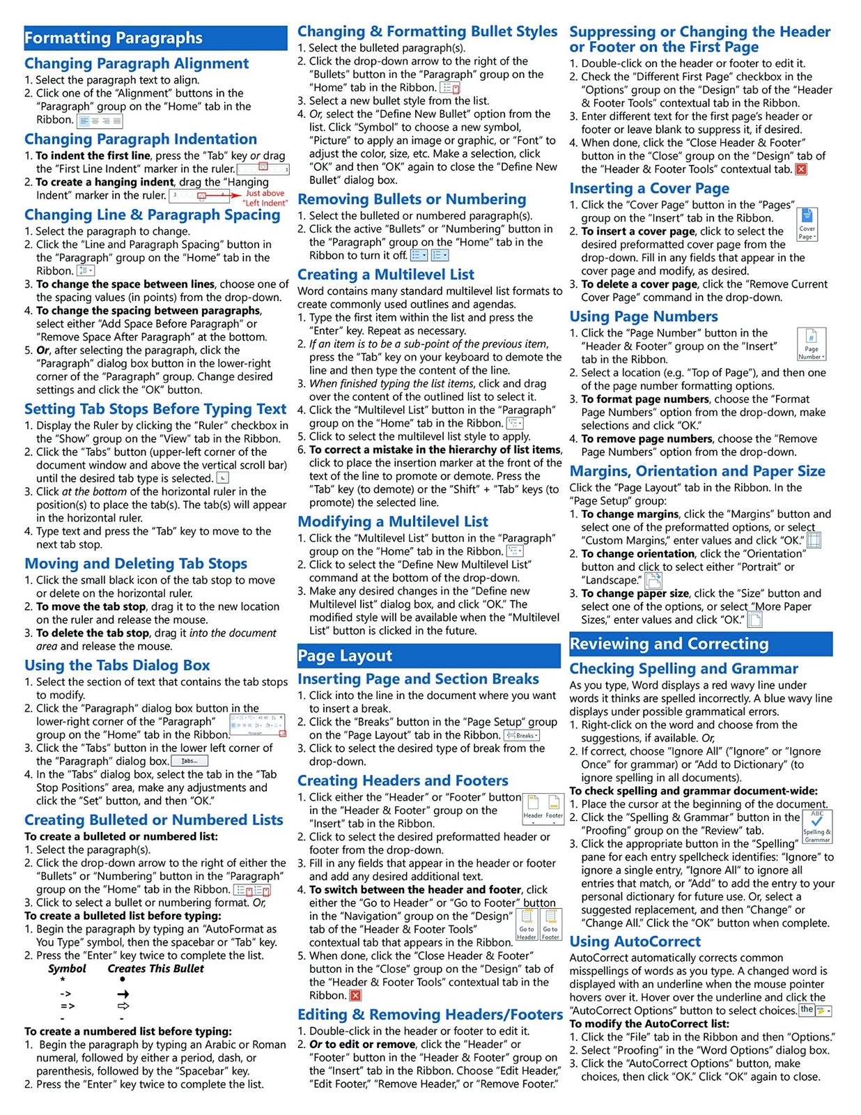 Word 2013 Training Guide Quick Reference Card 4 Page Cheat Sheet Instructions