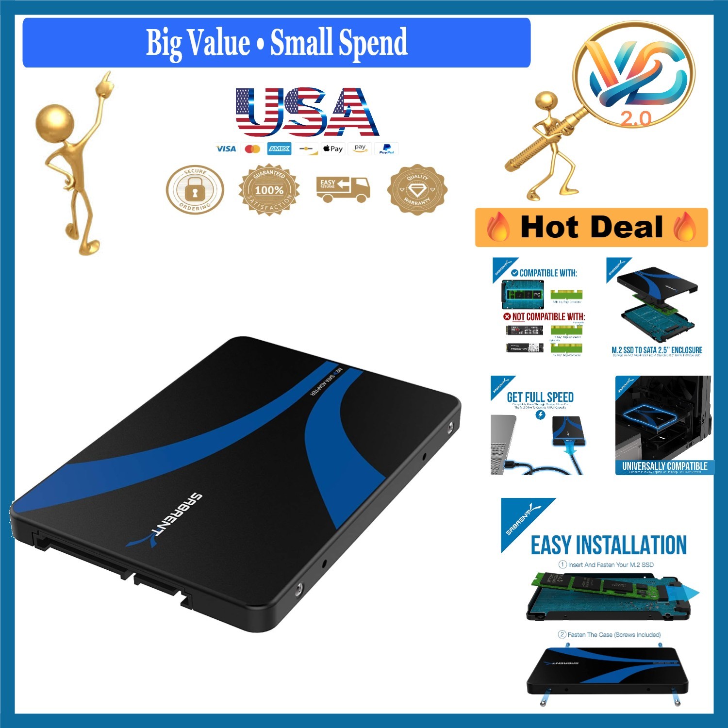 Blue Aluminum M.2 SATA to 2.5 Inch SATA SSD Enclosure Adapter EC-M2SA