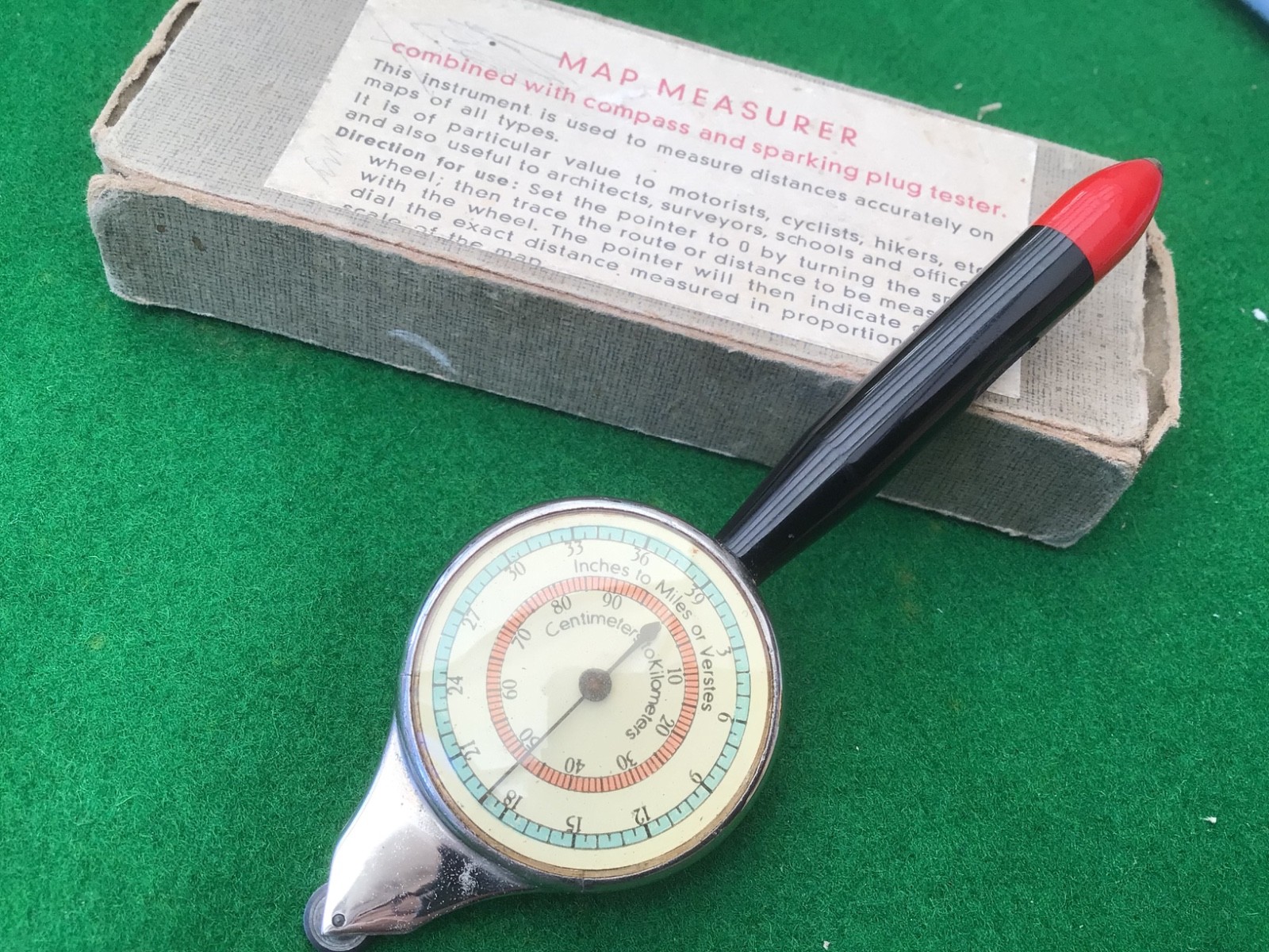 Vintage Map Measurer/ Opisometer With Compass & sparking plug tester.
