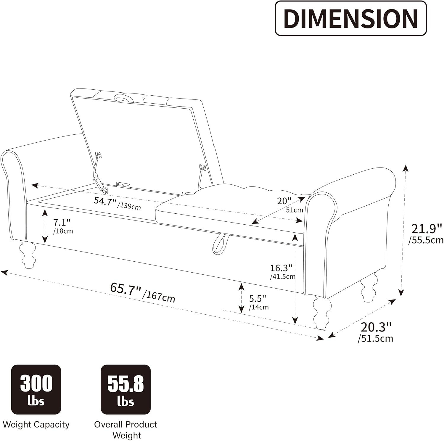 65.7" Modern Upholstered Storage Bench with Double Lids, Ottoman with Storage, O
