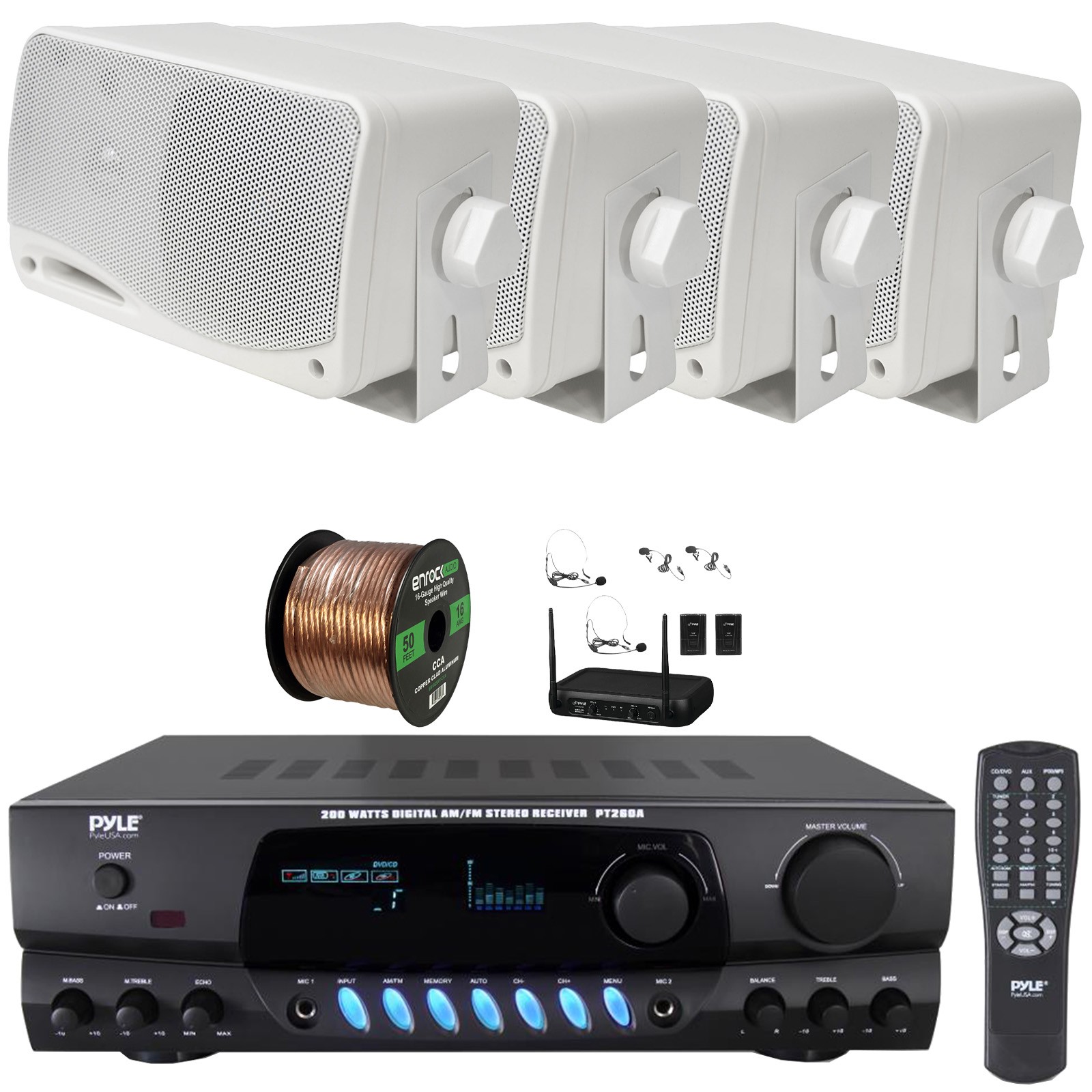 Pyle PT260A Digital 200W Receiver, 4x 3.5'' 200W Max 3-Way Speakers, Mic System
