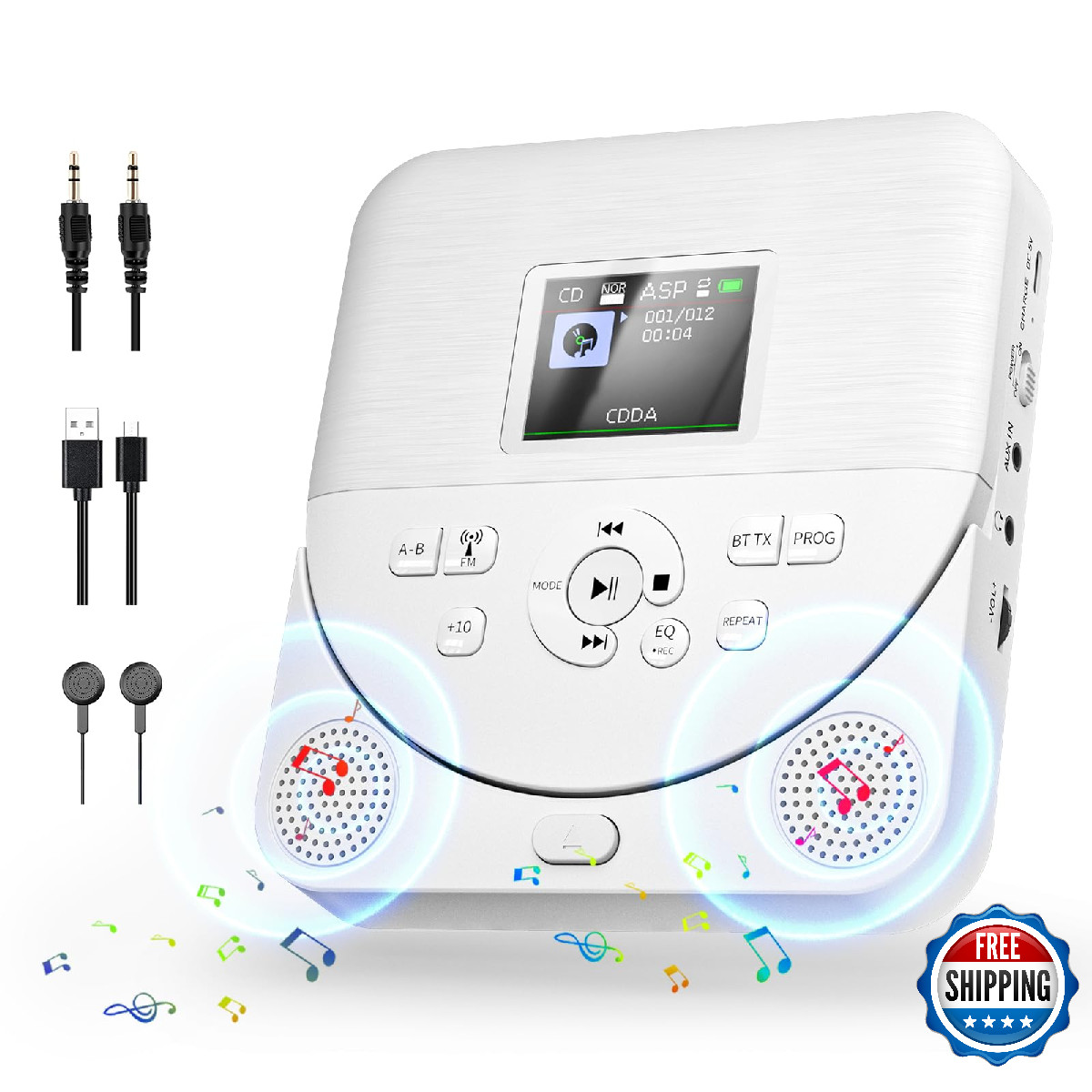 Erasiny Portable Bluetooth CD Player for Home w/ Dual Speakers, FM Transmitter