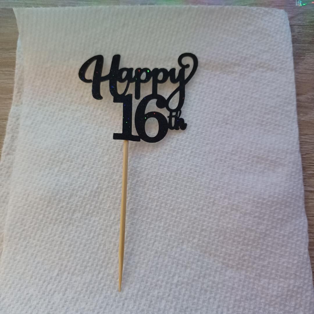 15PCS Per Pack Black Glitter Happy 16th Bday Anniversary Cake Cupcake Toppers