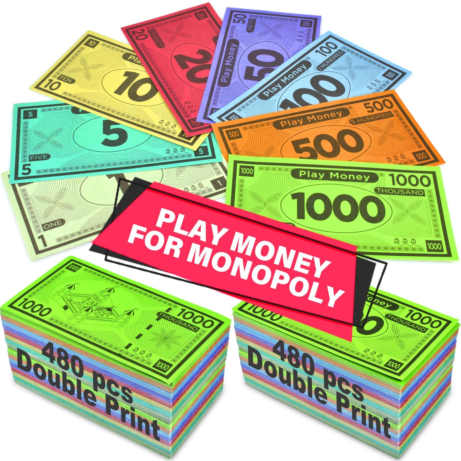 480 PCS Play Money for Board Games - Double-Sided Monopoly Cash, 60 Bills Each