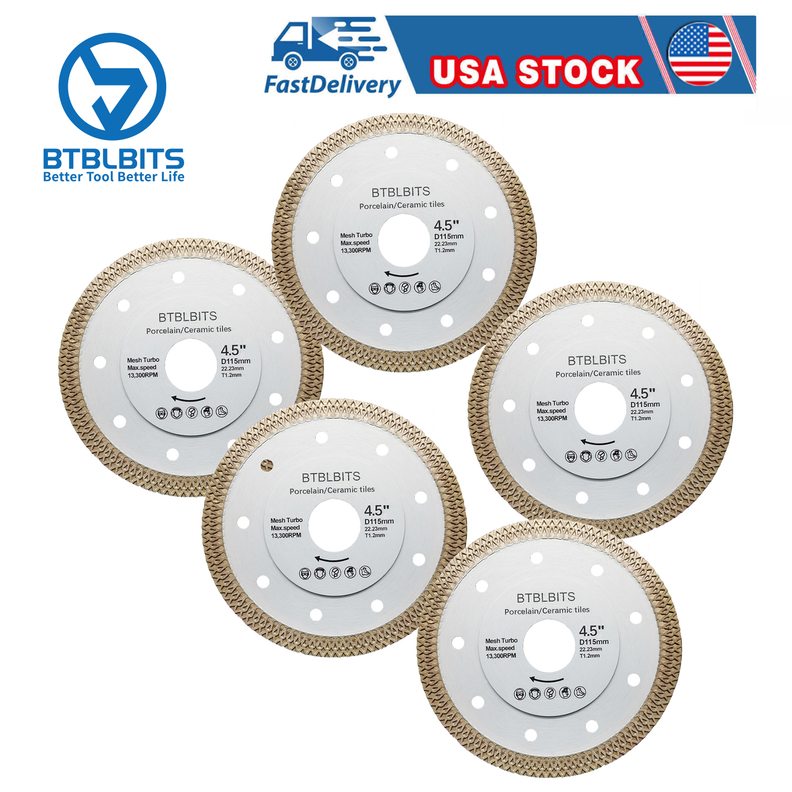 5pcs 4.5" Porcelain Tile Turbo Thin Diamond Dry Cutting Blade/Disc Grinder Wheel