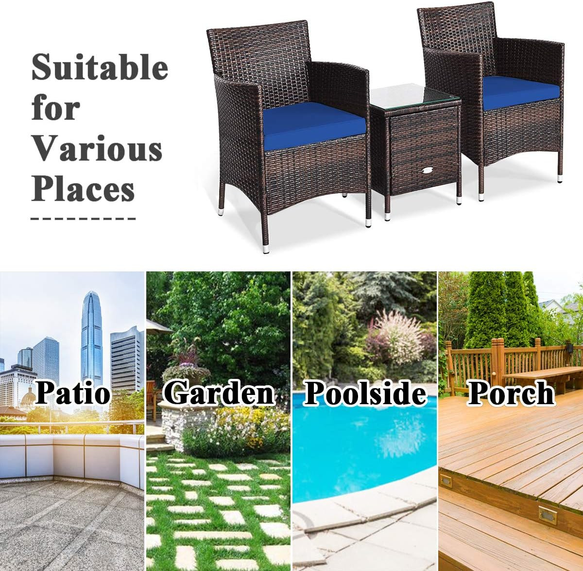 Navy 3-Piece Outdoor Wicker Conversation Set with Glass Table & Cushions