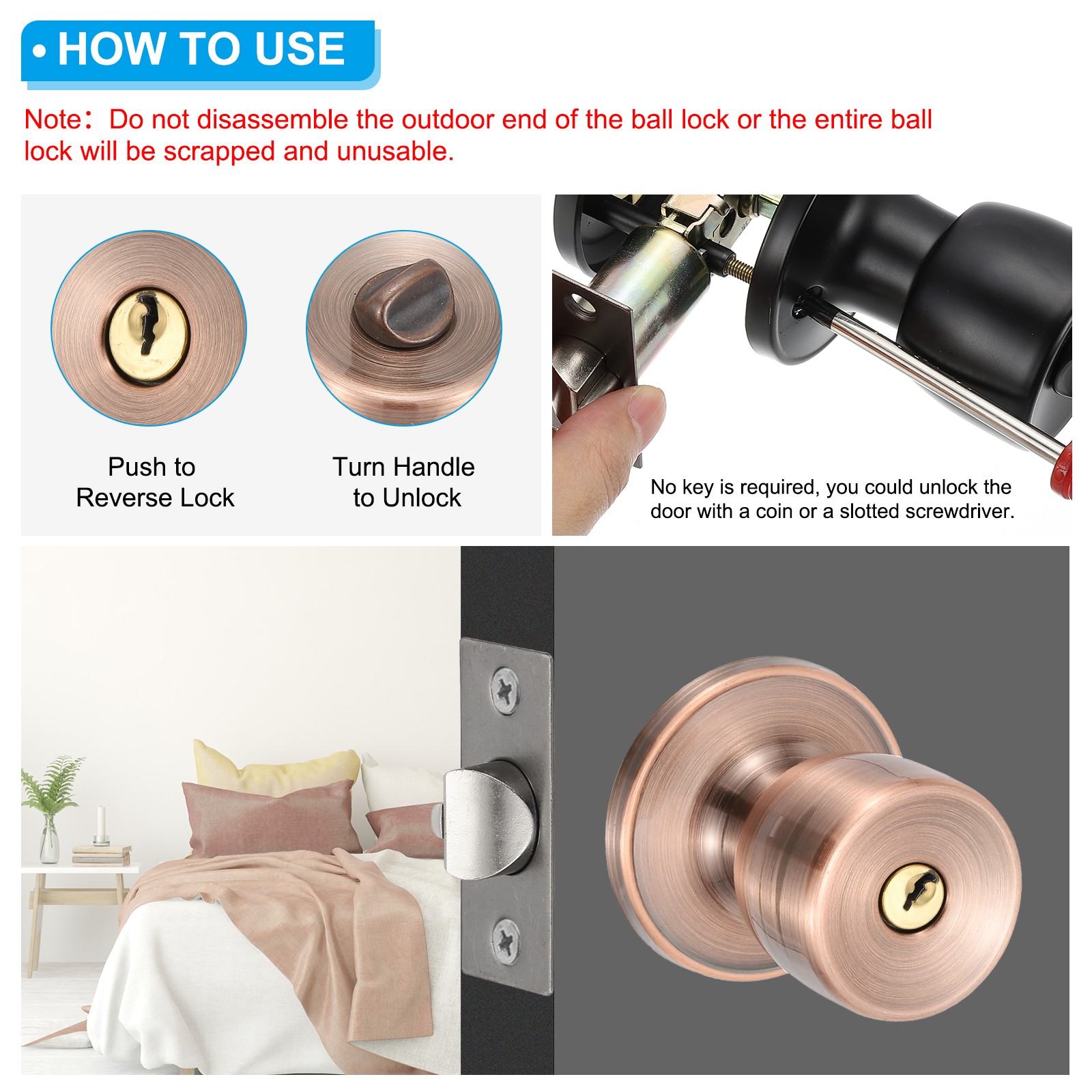 4 Pack Key Entry Door Knobs Interior, Red Bronze