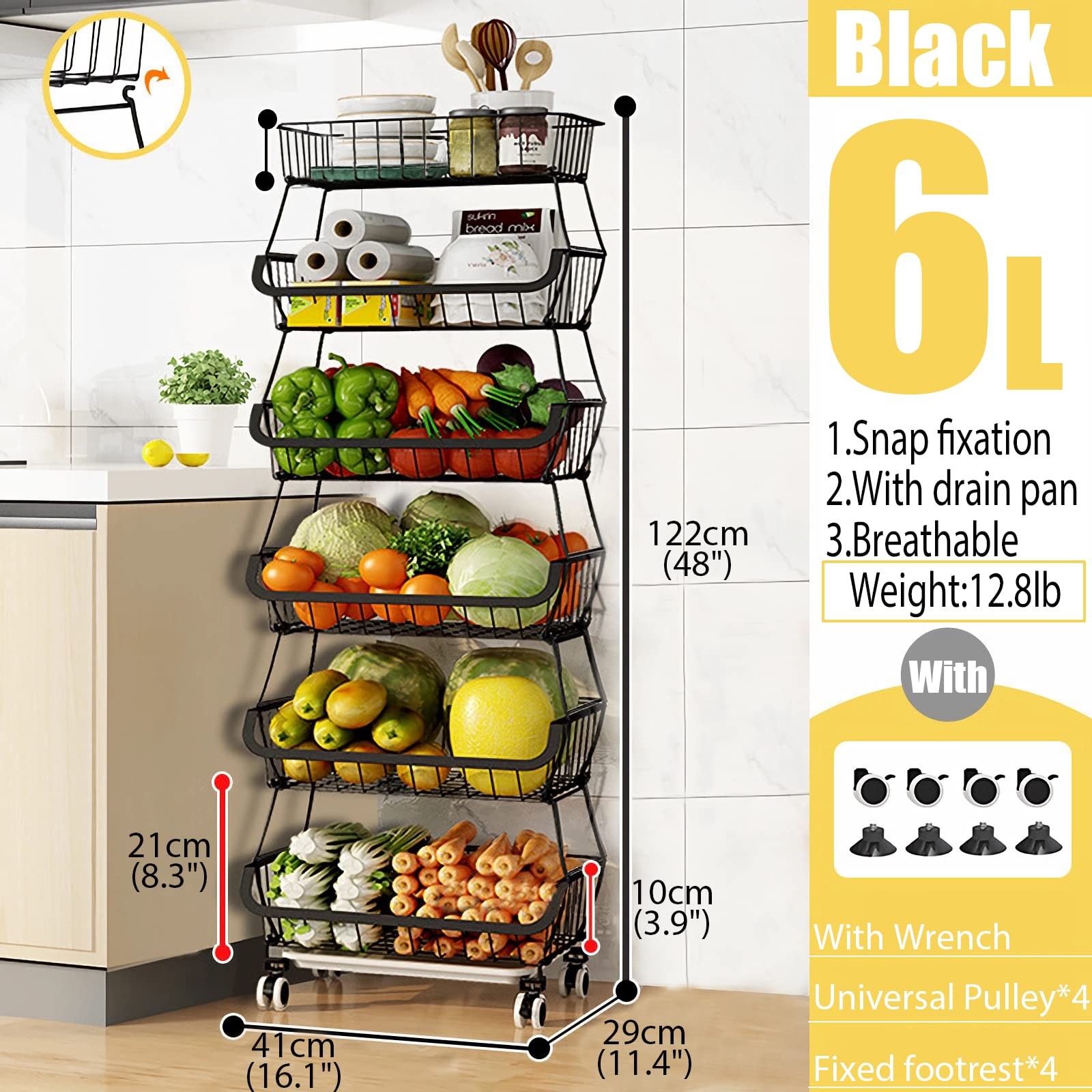 Fruit Vegetable Storage Baskets with Wheels, 6 Tier Stackable Wire Storage Ba...