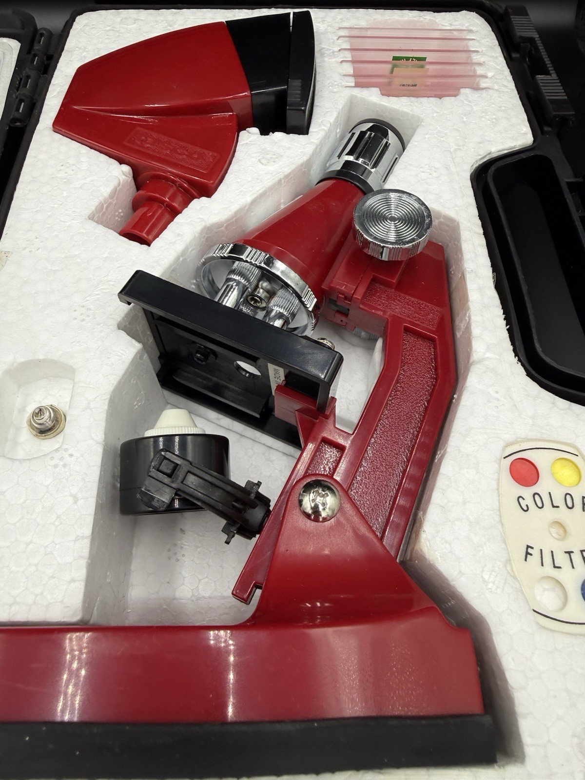 Vintage Tasco red microscope kit, 601200-4F model, includes Carrying Case