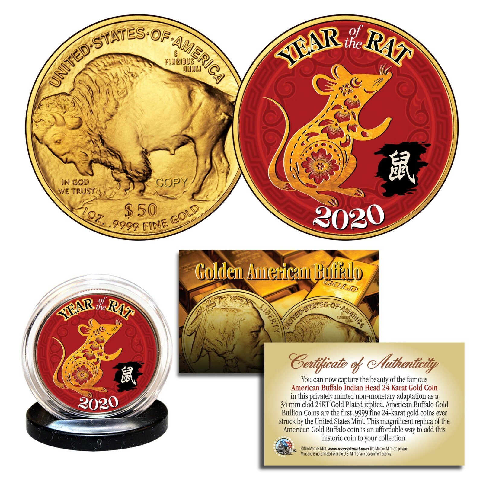 2020 Chinese YEAR OF THE RAT 24K Gold Clad $50 American Buffalo Tribute Coin