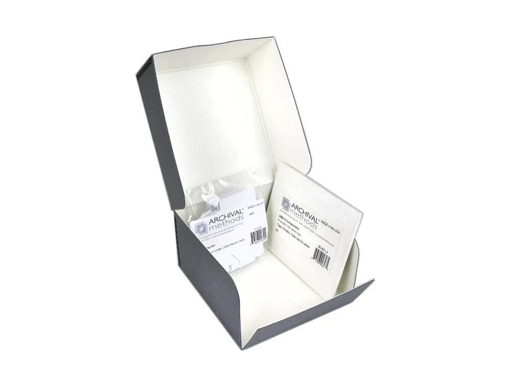USB & Memory Card Storage Kit – Archival Metal Box Organizer (Gray)