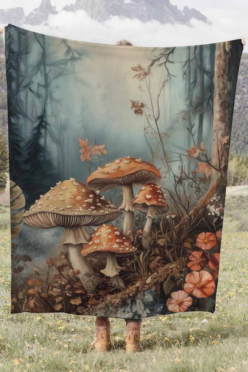 Mushroom Forest Coral Fleece Cozy Throw Blanket Rustic Stunning