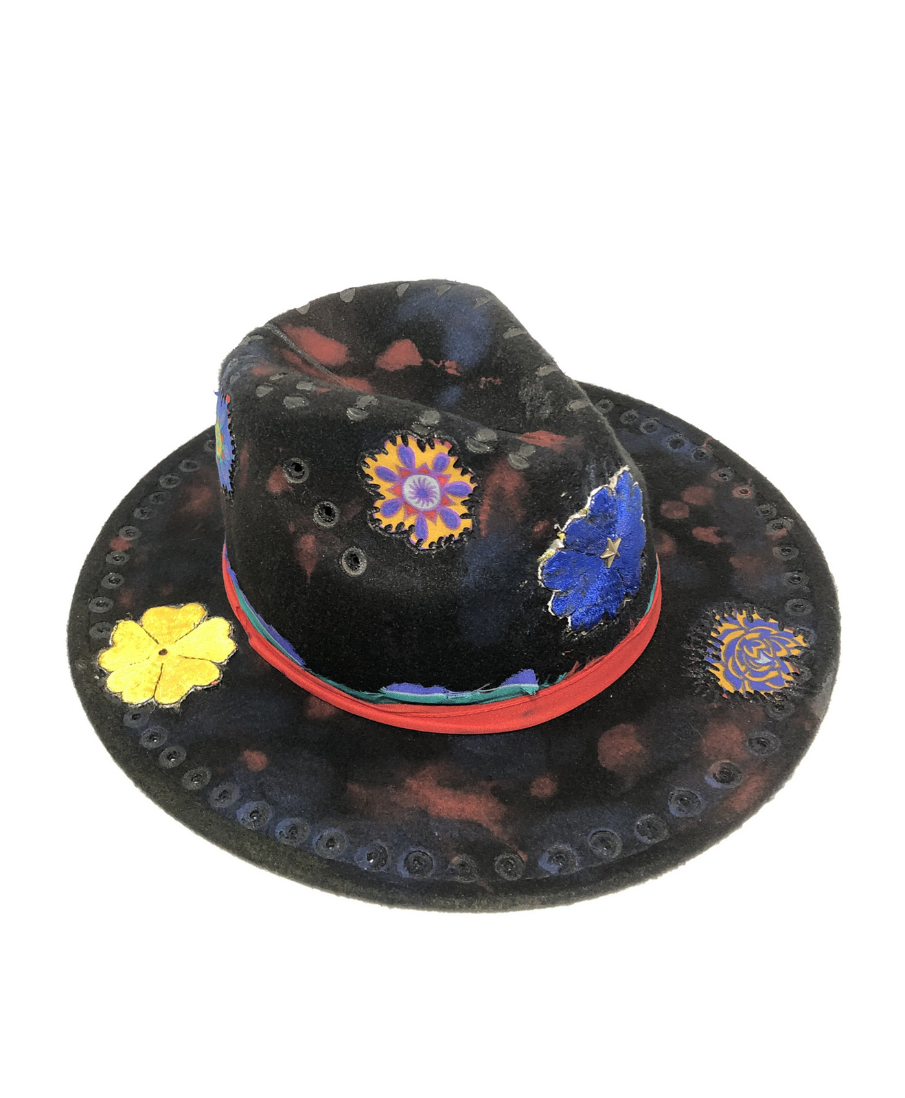 Tazzle’s 1of1 Custom Western Fedora Hat-Black Felt, Colorful Flowers, Cross Etc