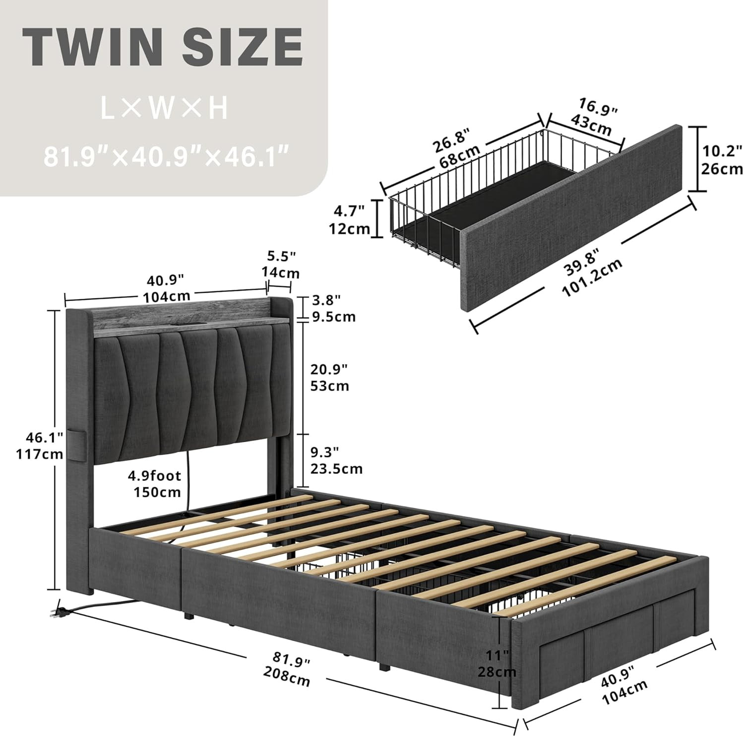 Twin Bed Frame with 3 Drawers, Upholstered Platform Bed with Storage Headboard a