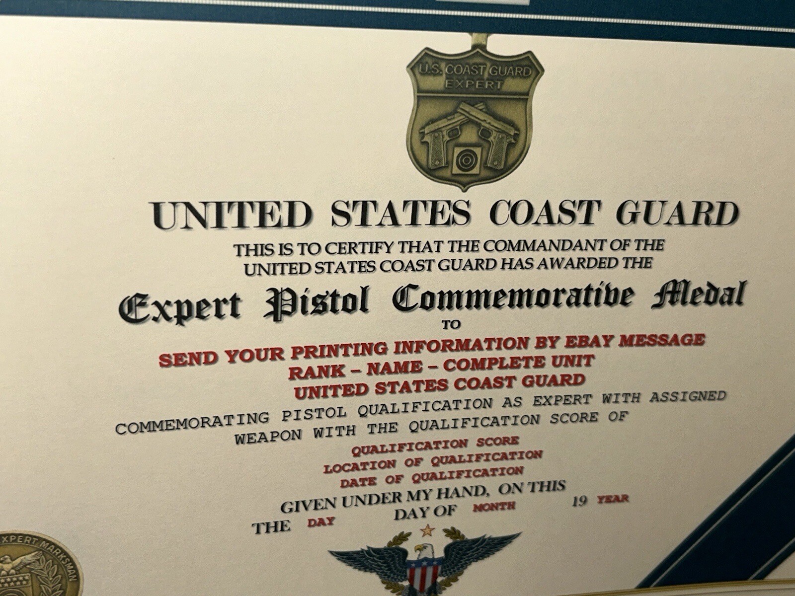 COAST GUARD - EXPERT PISTOL MEDAL COMMEMORATIVE CERTIFICATE ~ W/PRINTING TYPE-1