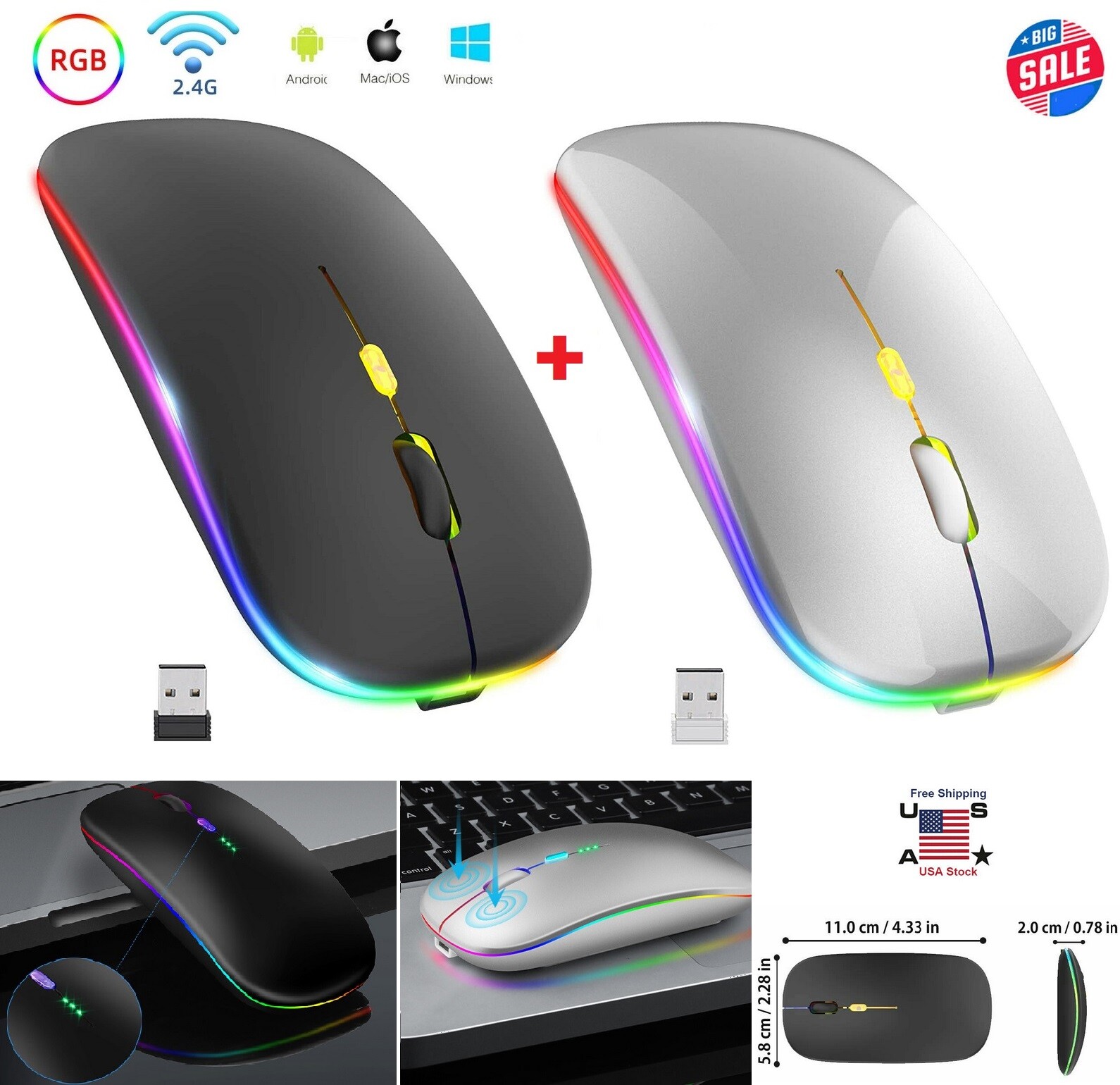 2× Wireless Bluetooth Optical Mouse LED 2.4GHz USB Rechargeable Mice PC Laptop