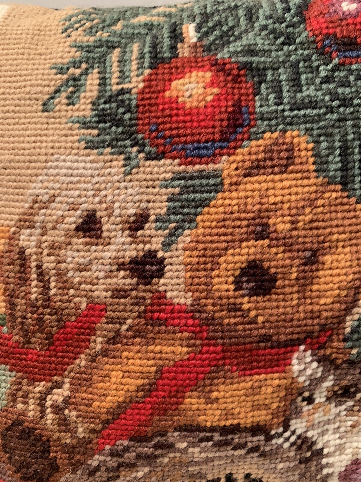 Needlepoint Christmas Decorative Pillow Cocker Spaniel Dog Teddy Bear 9” Square