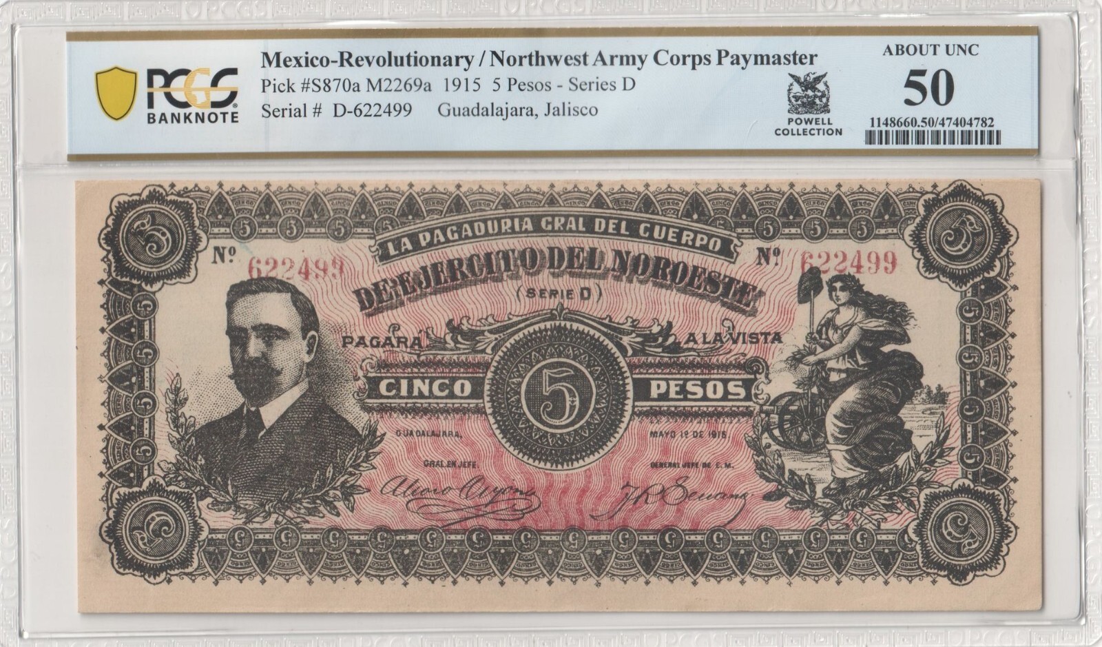 M2269a Mexico Rev/ Northwest Army Corps Paymaster 1915 5 Pesos P S870a PCGS AU50