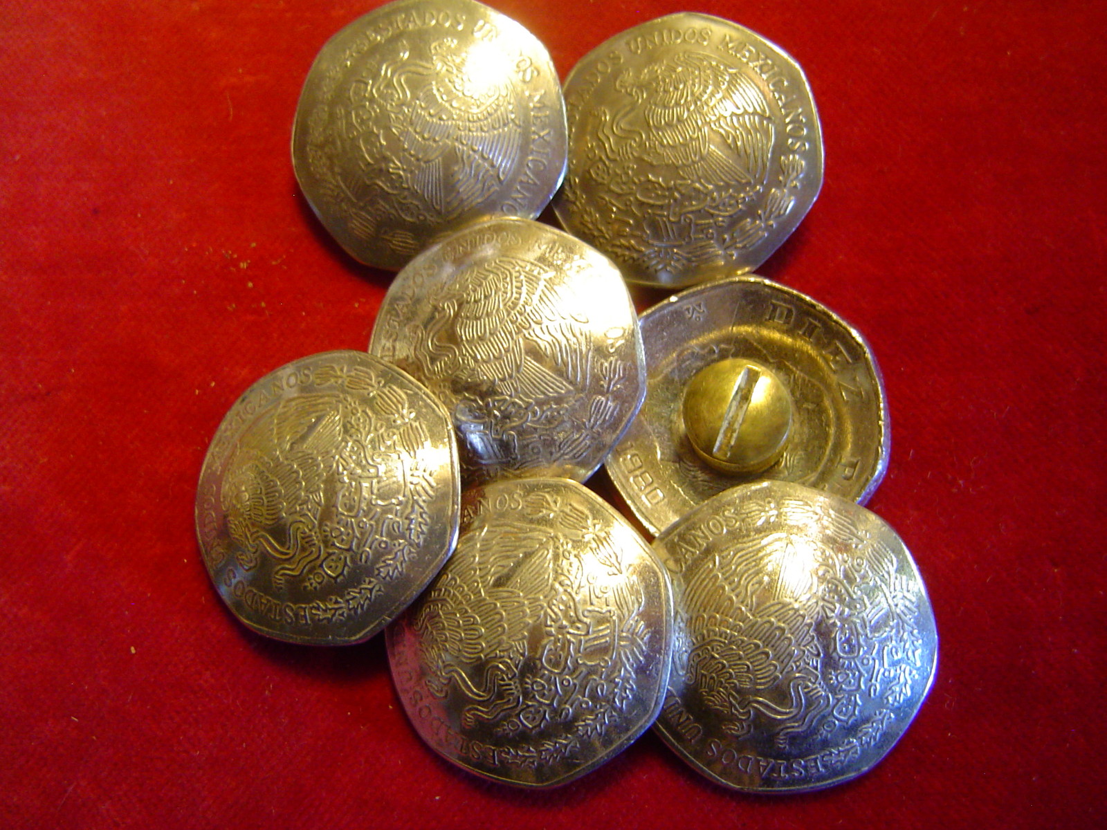 CONCHOS: 7 Ten Peso Mexican Nickle Silver real coins, Post & Screw