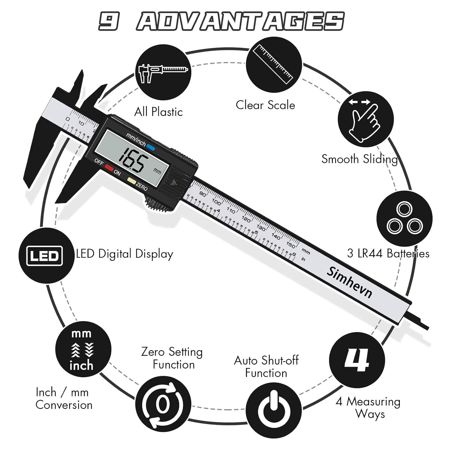 Auto Shutdown Digital Calipers with Large LCD Screen - Includes 2 Batteries