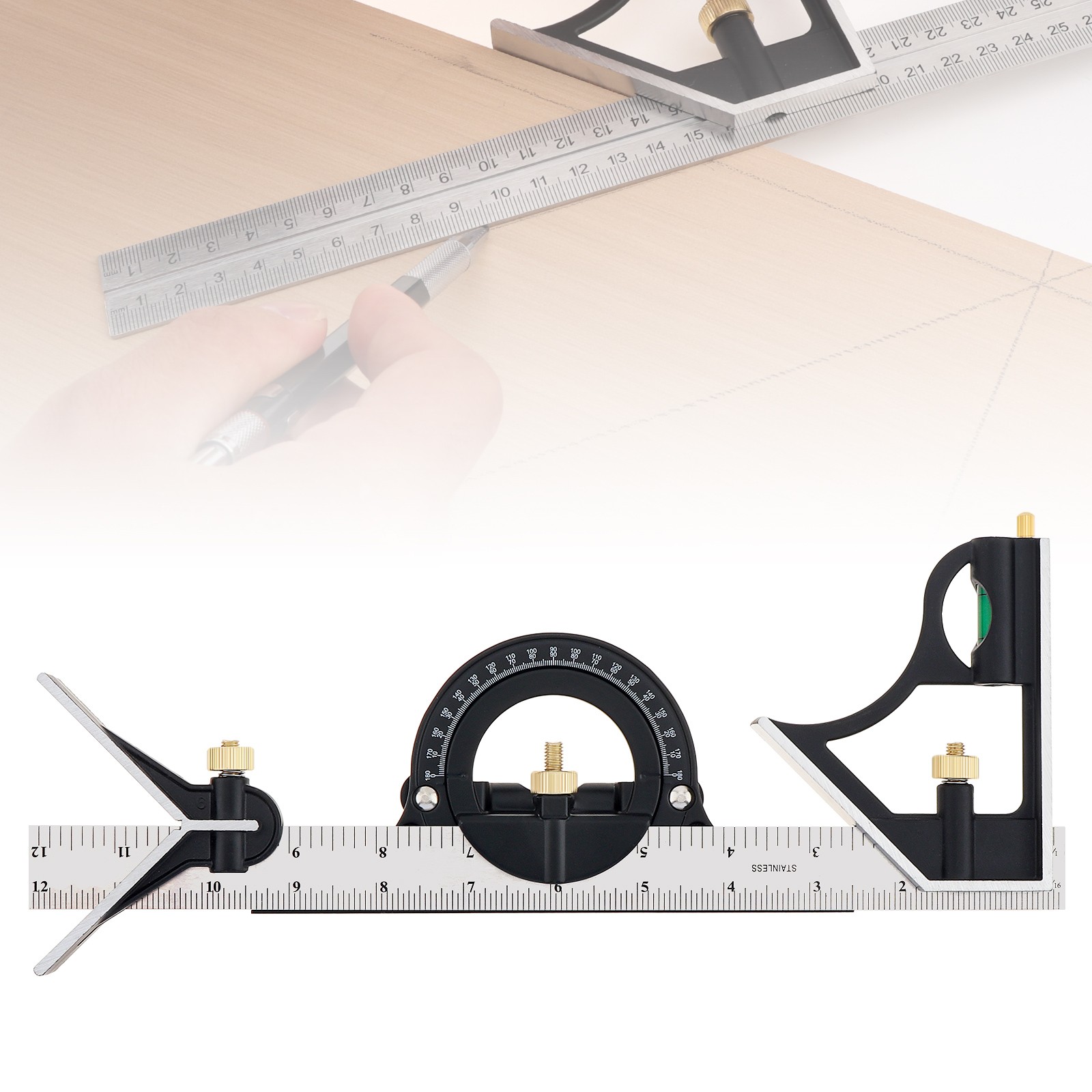 NEW 12" SS COMBINATION PROTRACTOR TRI-SQUARE RULER LEVEL MULTI-PURPOSE US