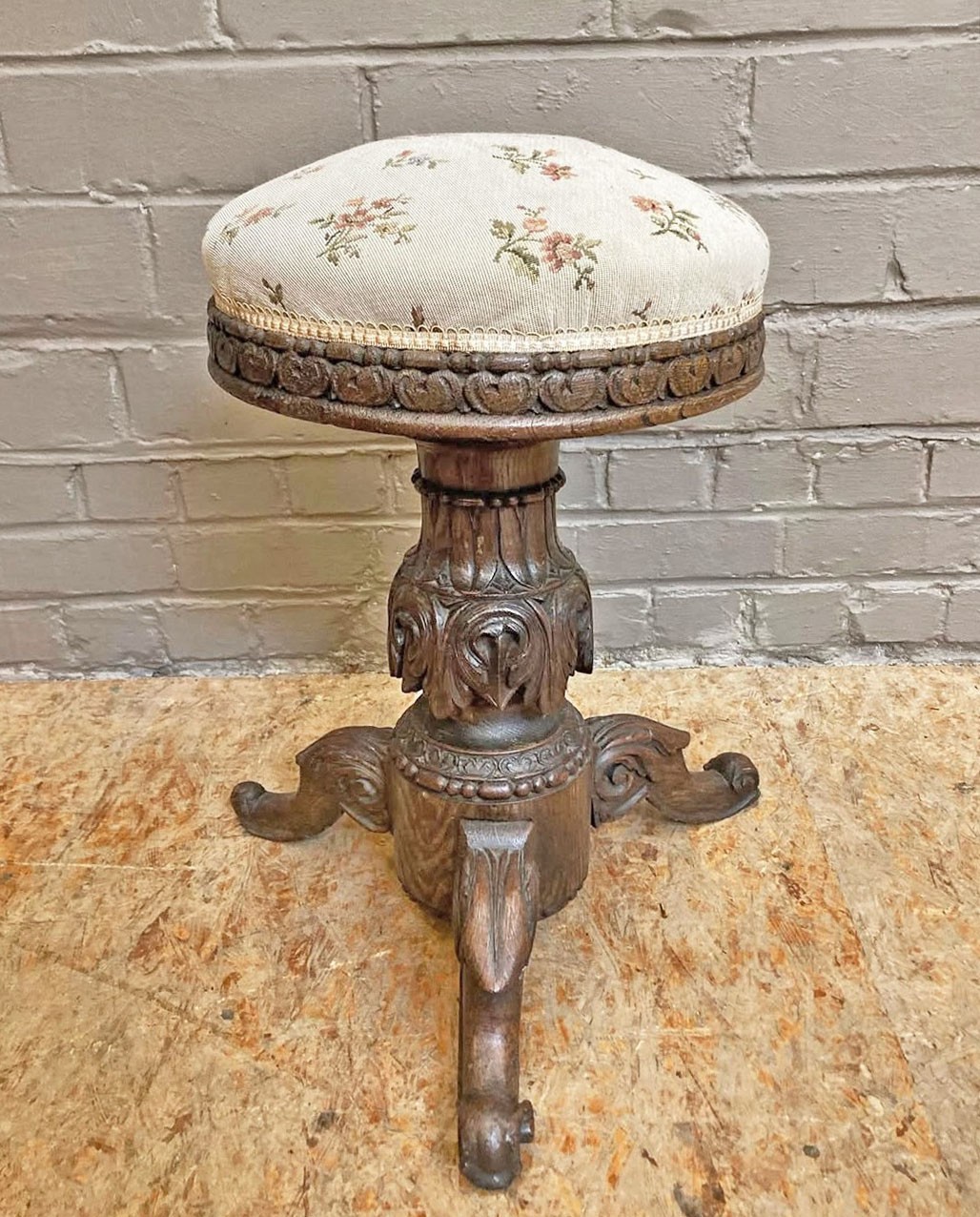 Antique French Carved Oak Victorian Stool Needlepoint 1800's ARRIVES DEC 2026