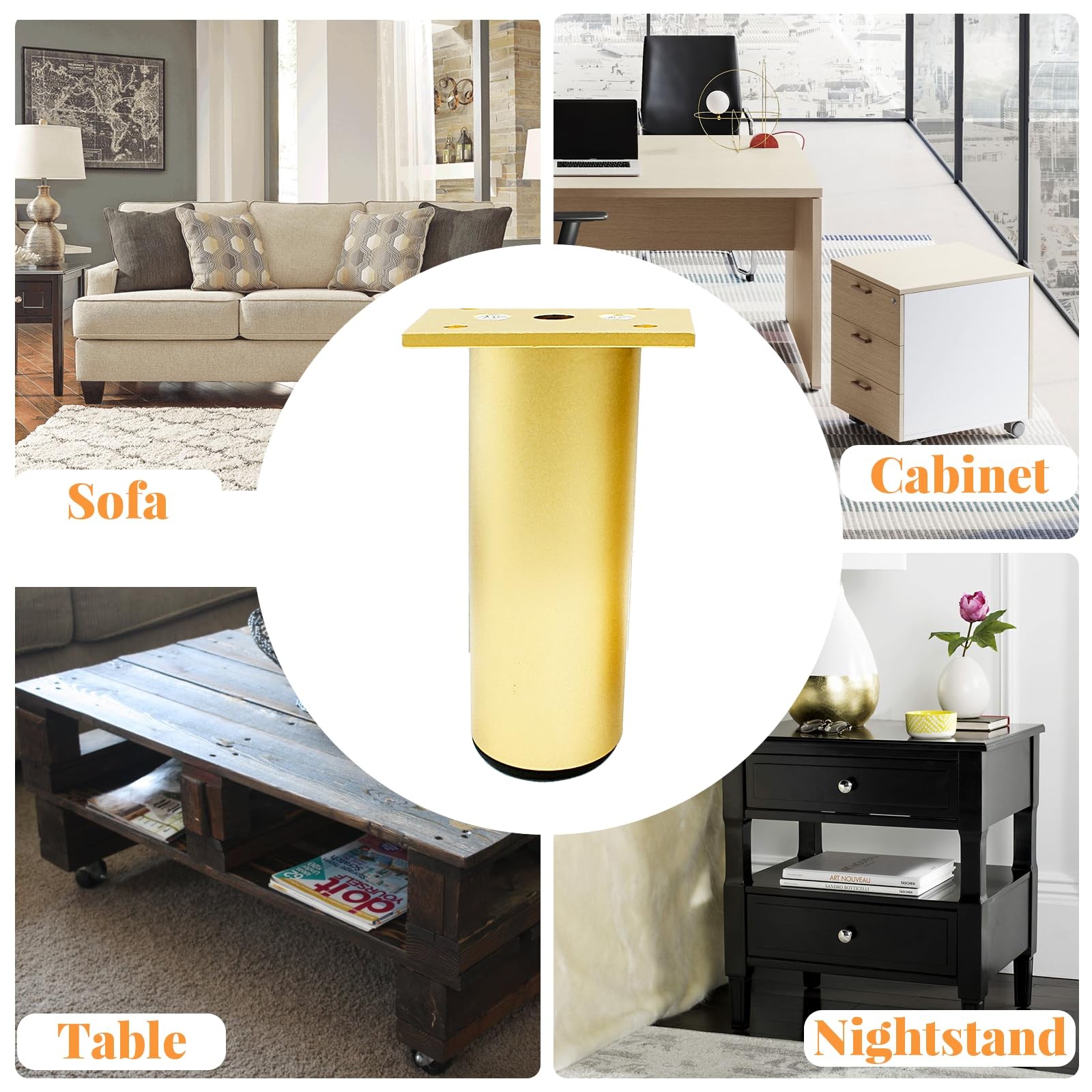 4 PCS 4 inch Gold Aluminum Alloy Furniture Legs 1.5in Dia Adjustable Feet
