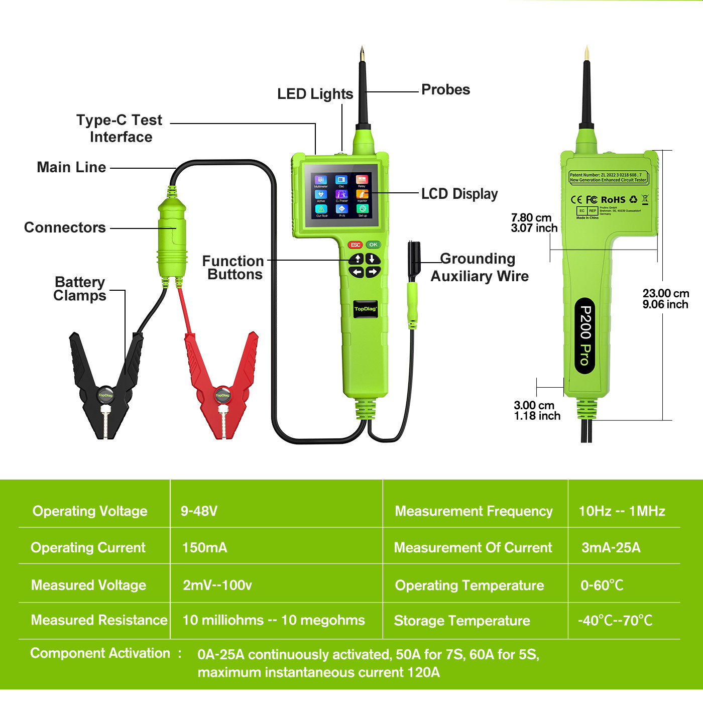 TOPDIAG P200 Pro Circuit Detector Power Fuel Injector For 9V-48V Car Truck Boat