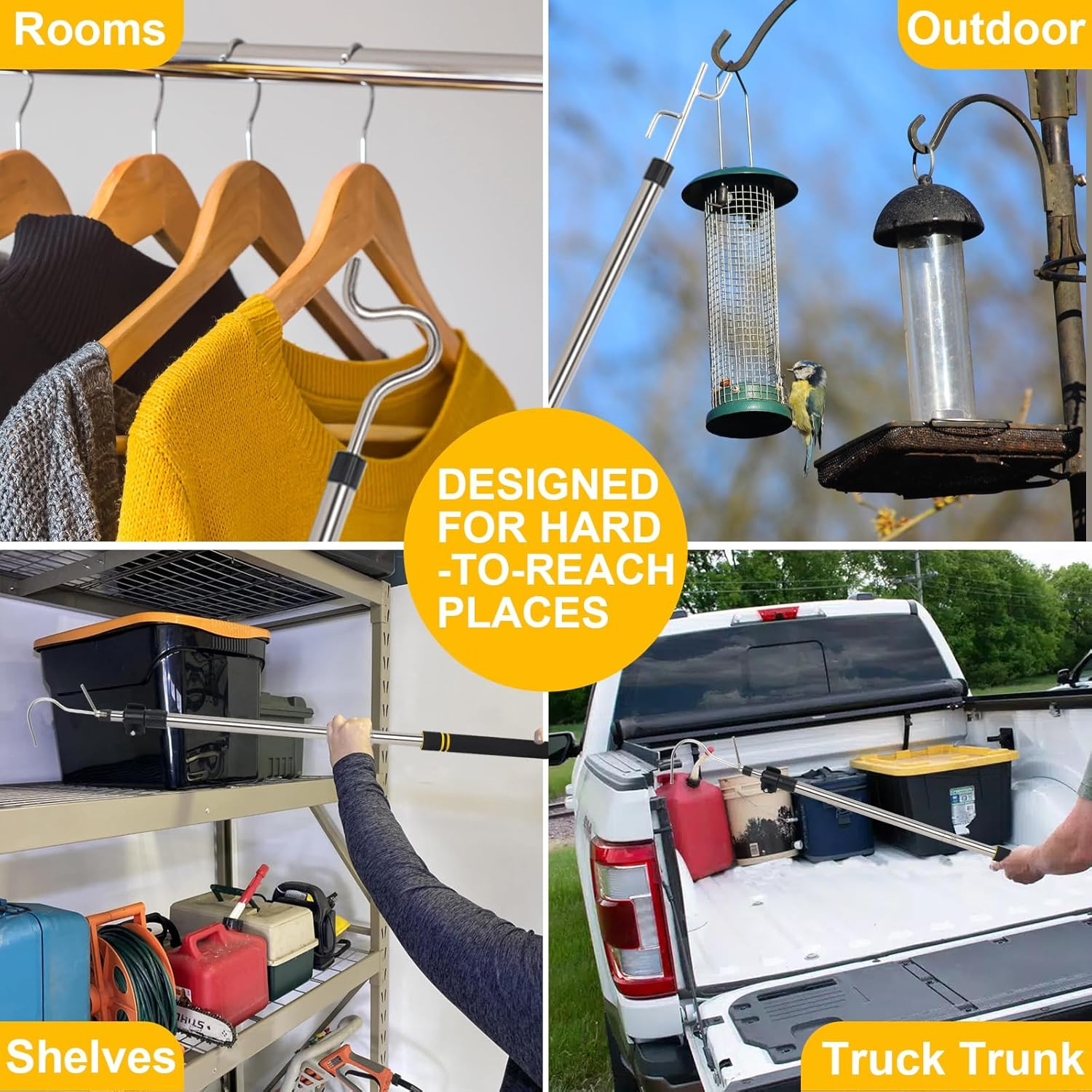 Clothes Hook Pole, High Reach Garment Hook 38“ - 63” Telescoping Pole with 3 Hoo