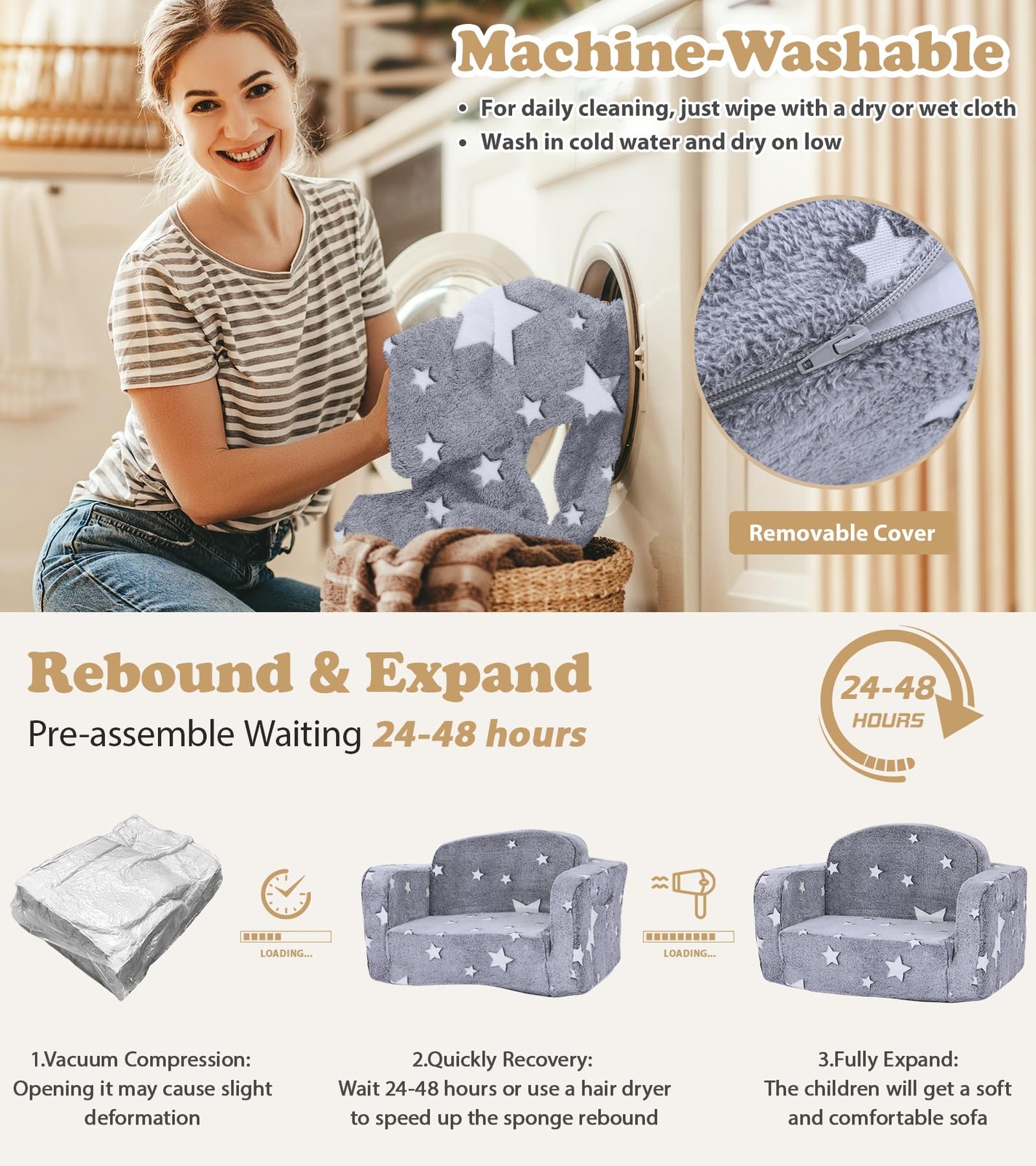 Couch, 2-in-1 Soft Couch Fold Out with with Blanket and Cloud Pillow, Glow in...