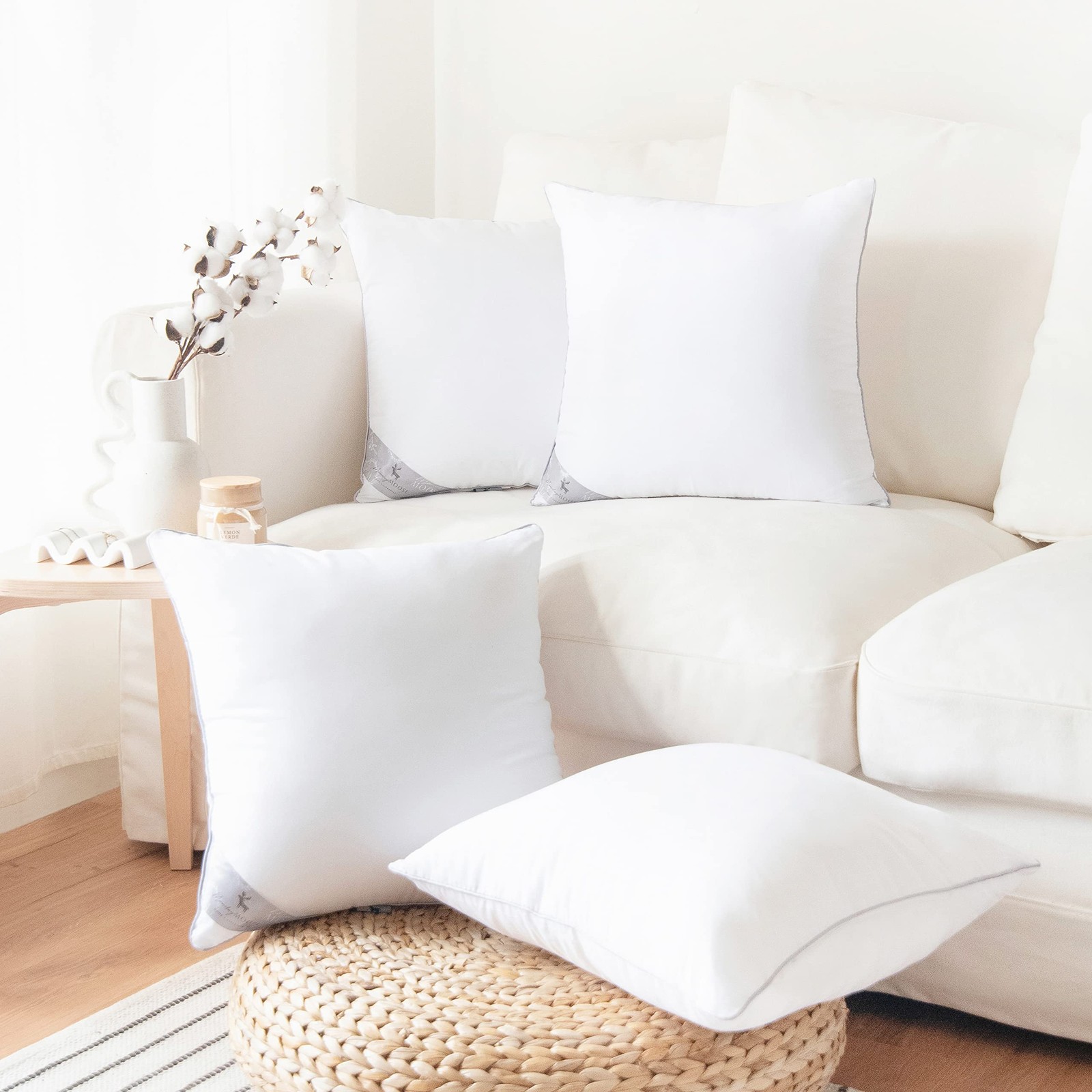 Throw Pillow Inserts, Set of 4 White Soft Microfiber Piping Designs, Square P...