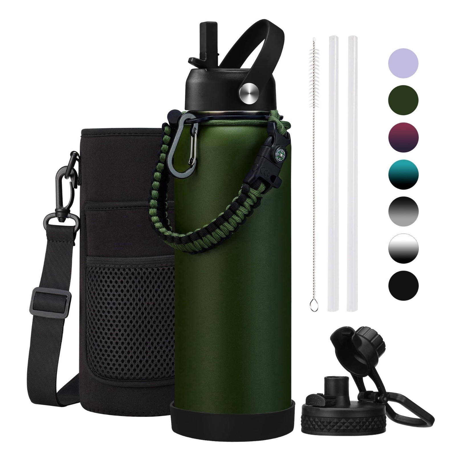 40oz Stainless Steel Water Bottle with Straw Paracord Handle Sleeve Cold 48H