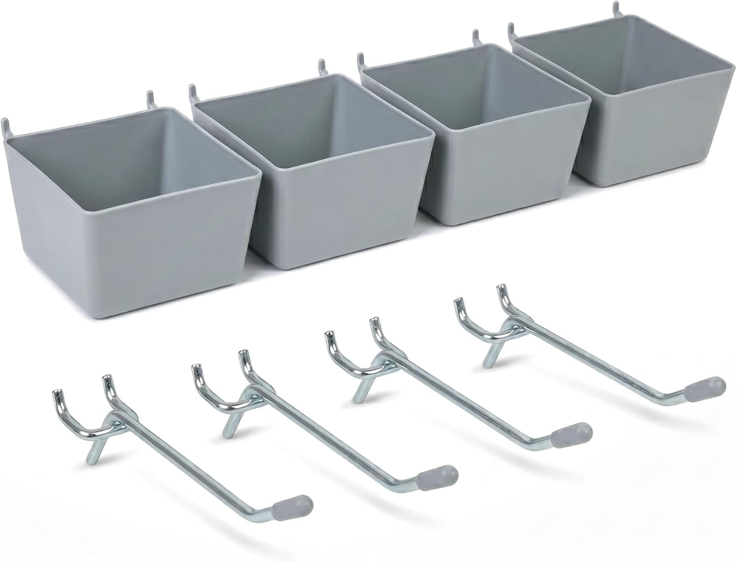 Bins and Hooks Set, 4 Pack Open Front Storage Bins with 2 Inch Hooks