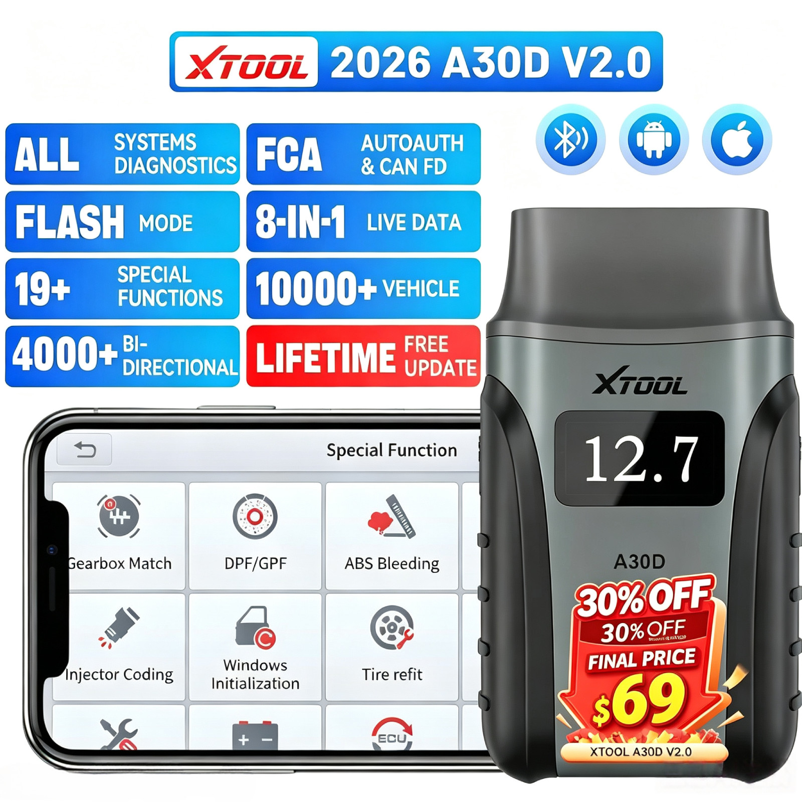 XTOOL A30D V2.0 Bluetooth OBD2 Scanner Bidirectional Full System Diagnostic Tool