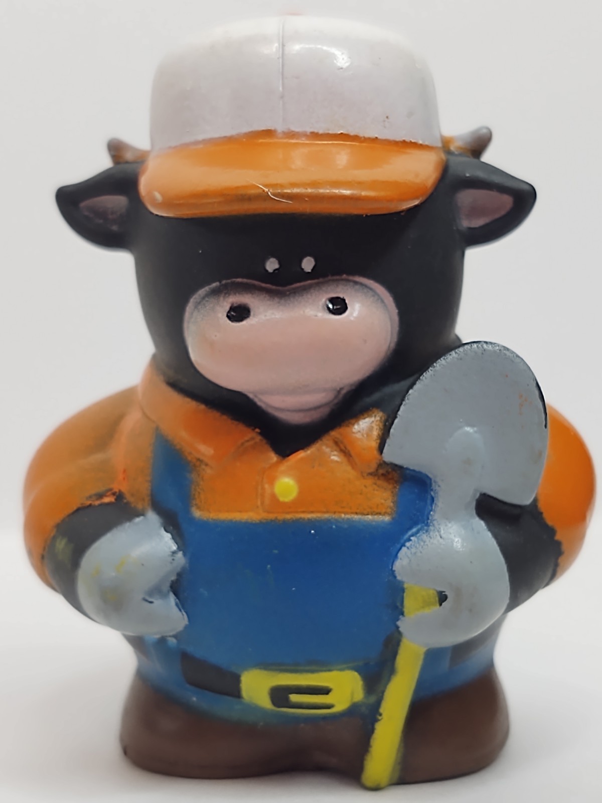 Farmer Cow in Black Soft Vinyl Figure Toy in Blue Overalls w/ Shovel 2.25" Tall