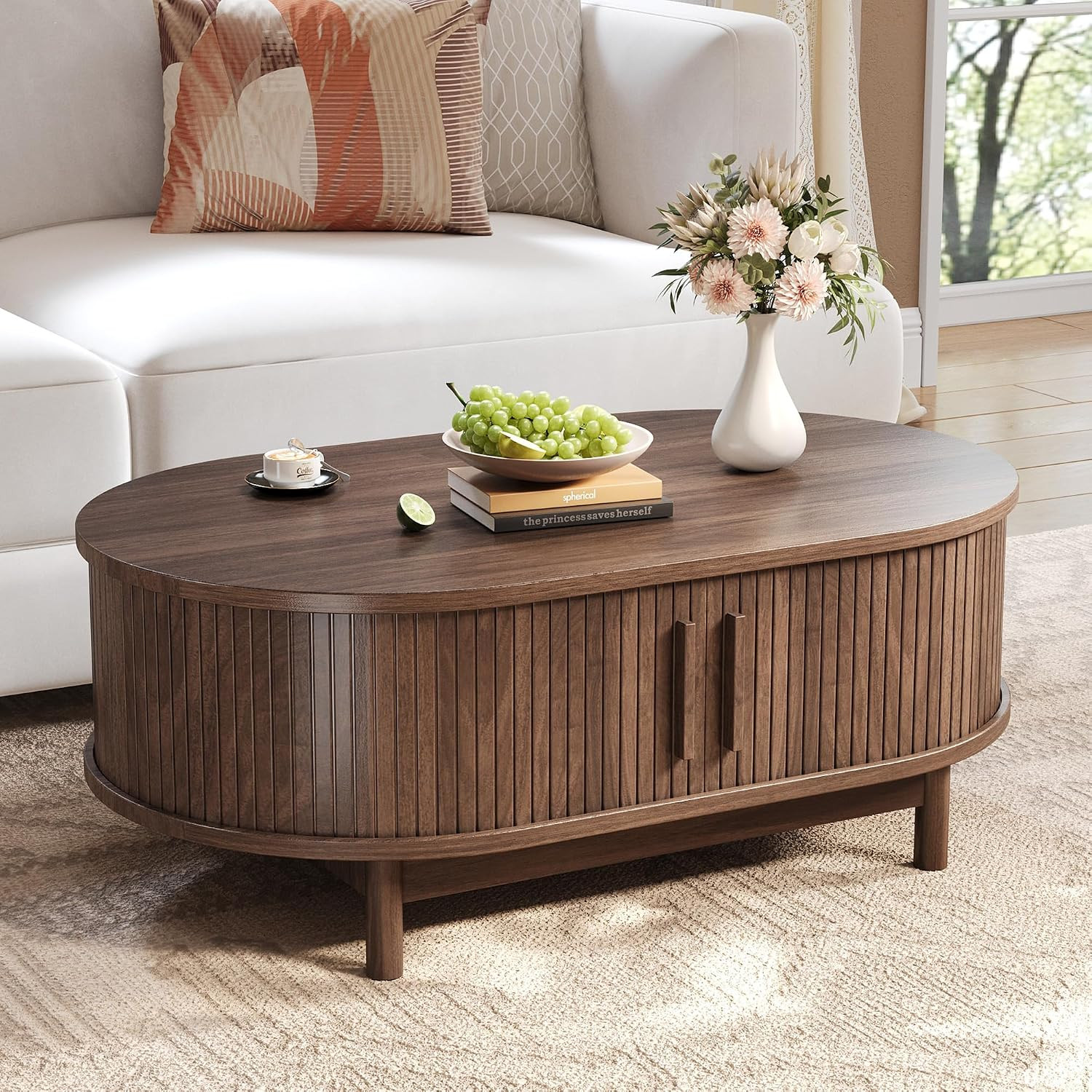 Oval Fluted Coffee Table, 40” Mid Century Modern Center Table with Large Storage