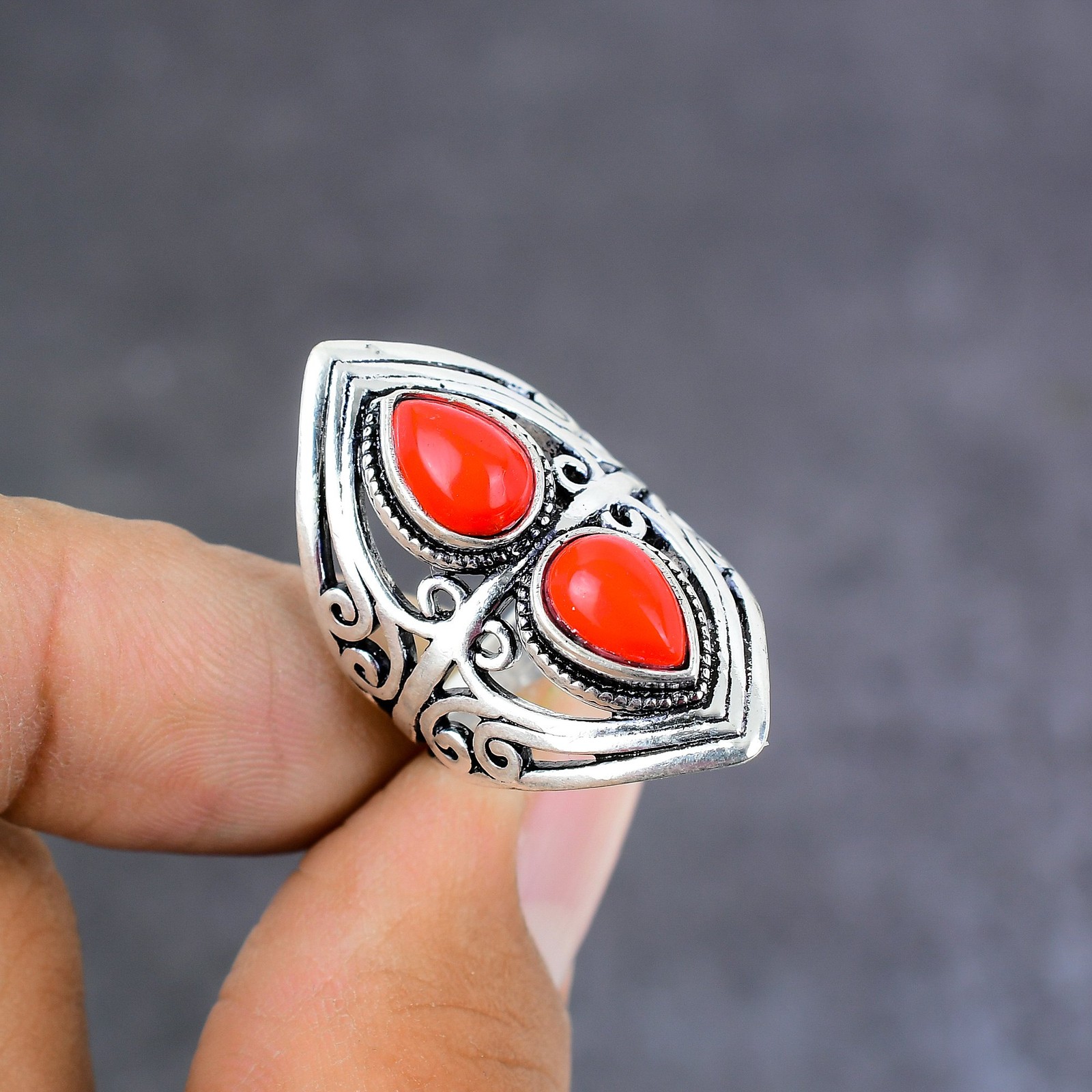 Natural Red Coral Gemstone Handmade 925 Sterling Silver Gift Ring Size 5.5 h805