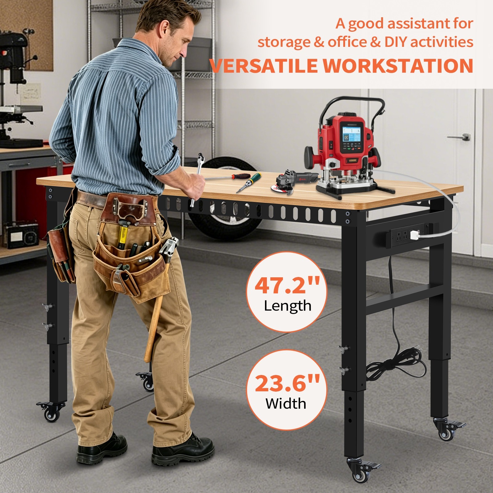 Height Adjustable Workbench 48"x 24" Large Capacity Heavy-Duty Power Outlets