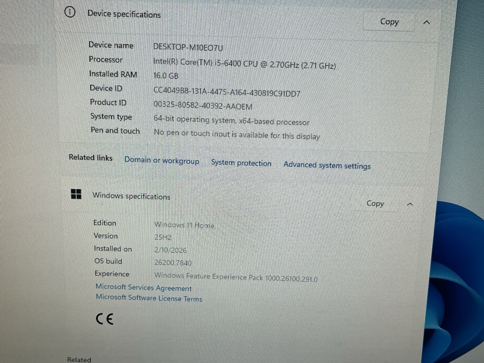 LENOVO IDEACENTRE 710 IH170MS MOBO INTEL i5-6400 CPU 16GB RAM 256GB SSD W11 WIFI